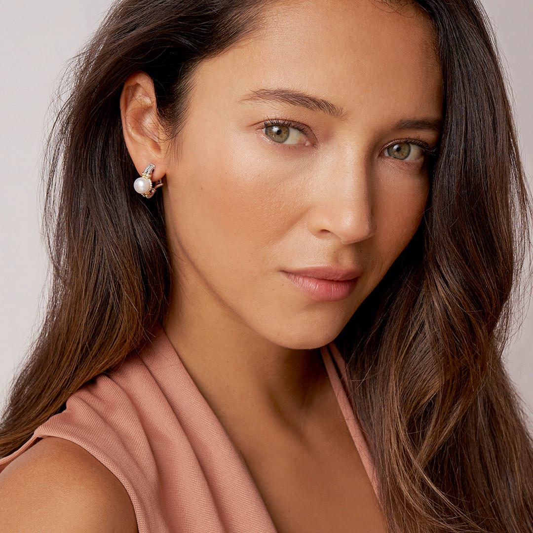 Luna Two-Tone Pearl Huggie Earrings - Image 2