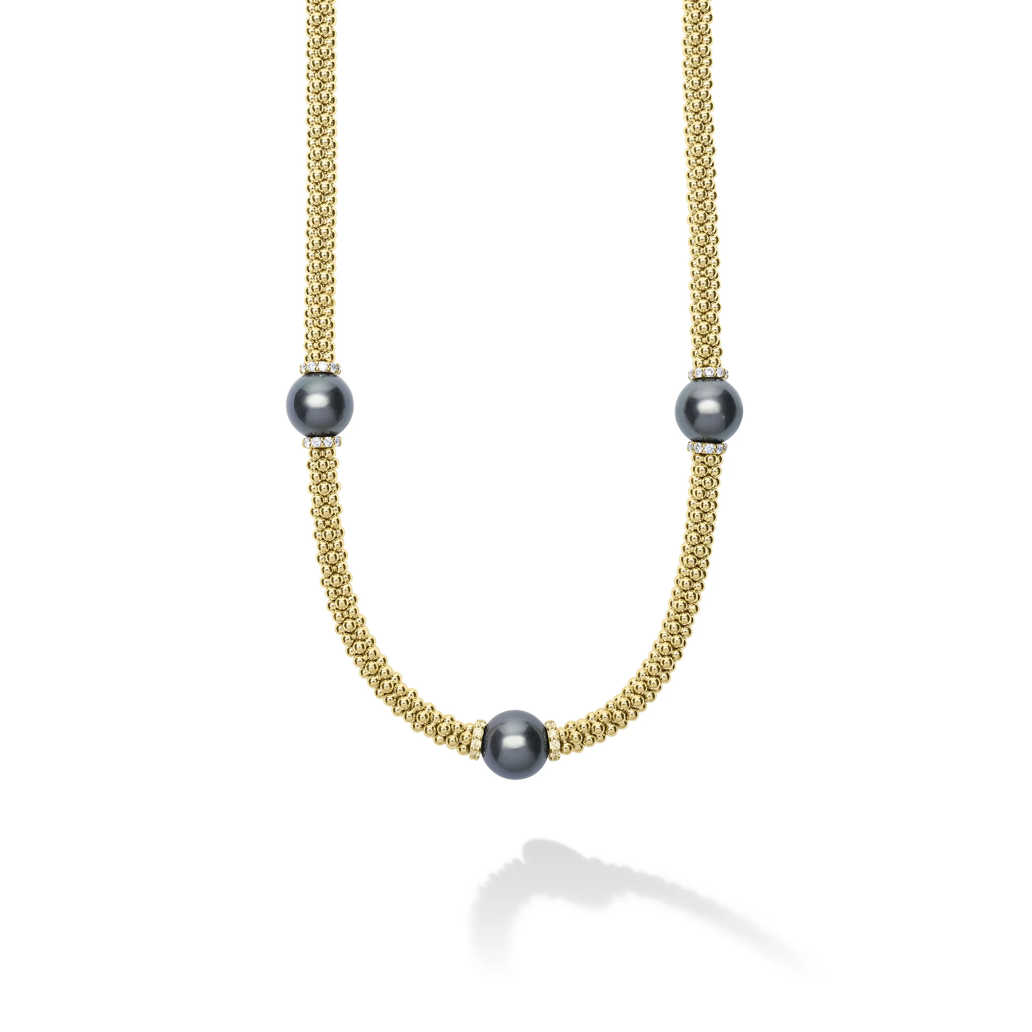 Luna 18K Gold Three Station Black Pearl Necklace | 16 in