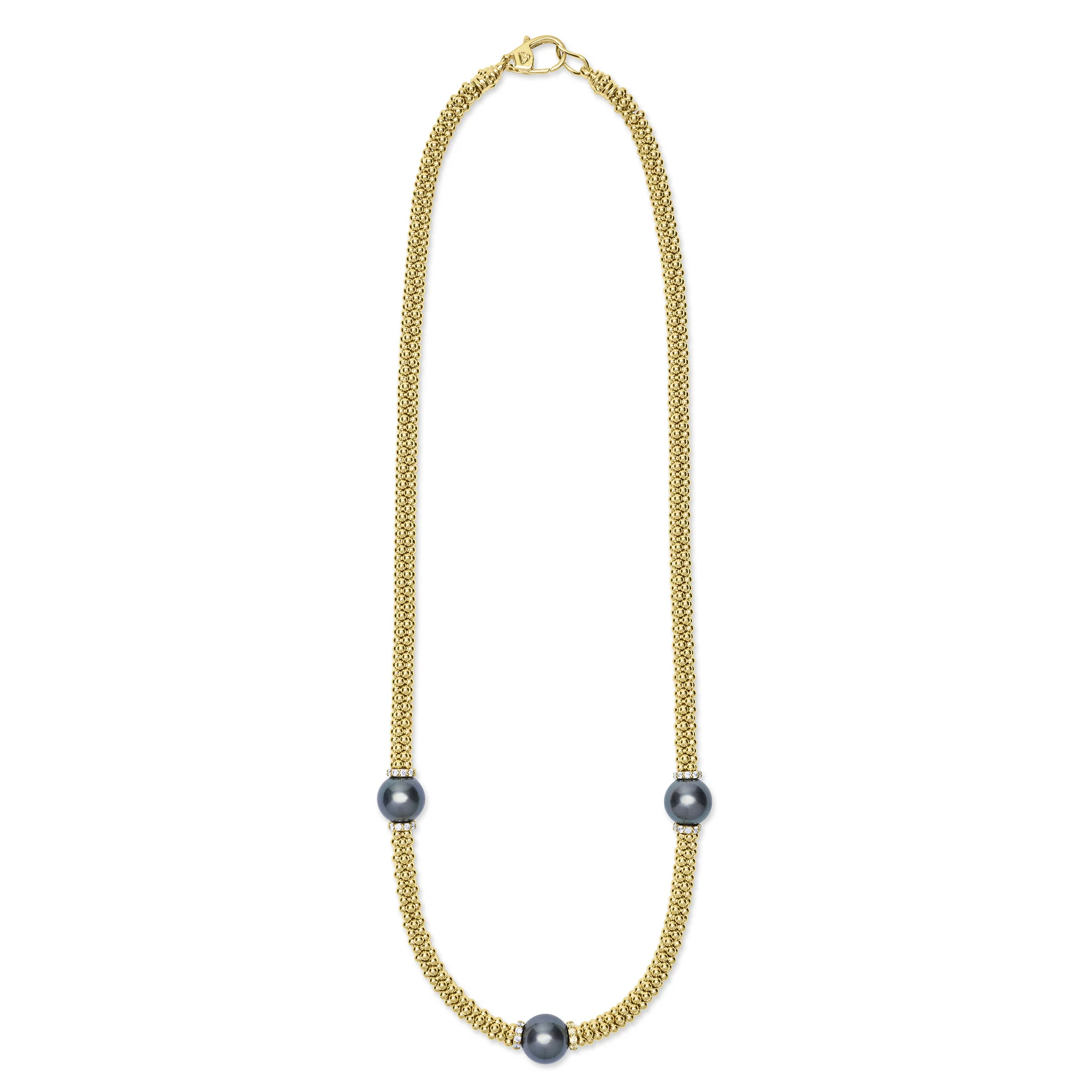 Luna 18K Gold Three Station Black Pearl Necklace | 16 in - Image 2
