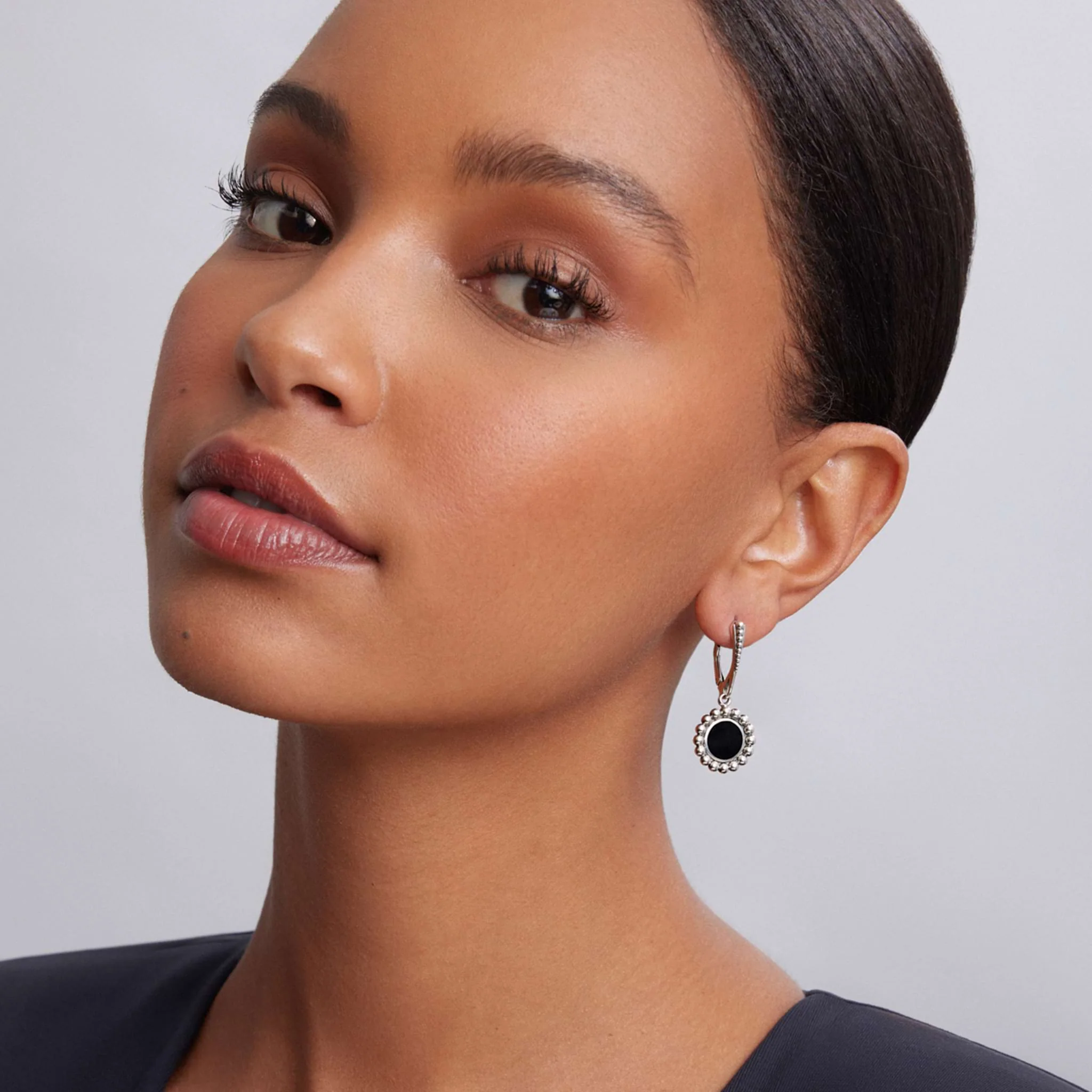 Maya Sterling Silver Small Onyx Circle Drop Earrings - Image 2