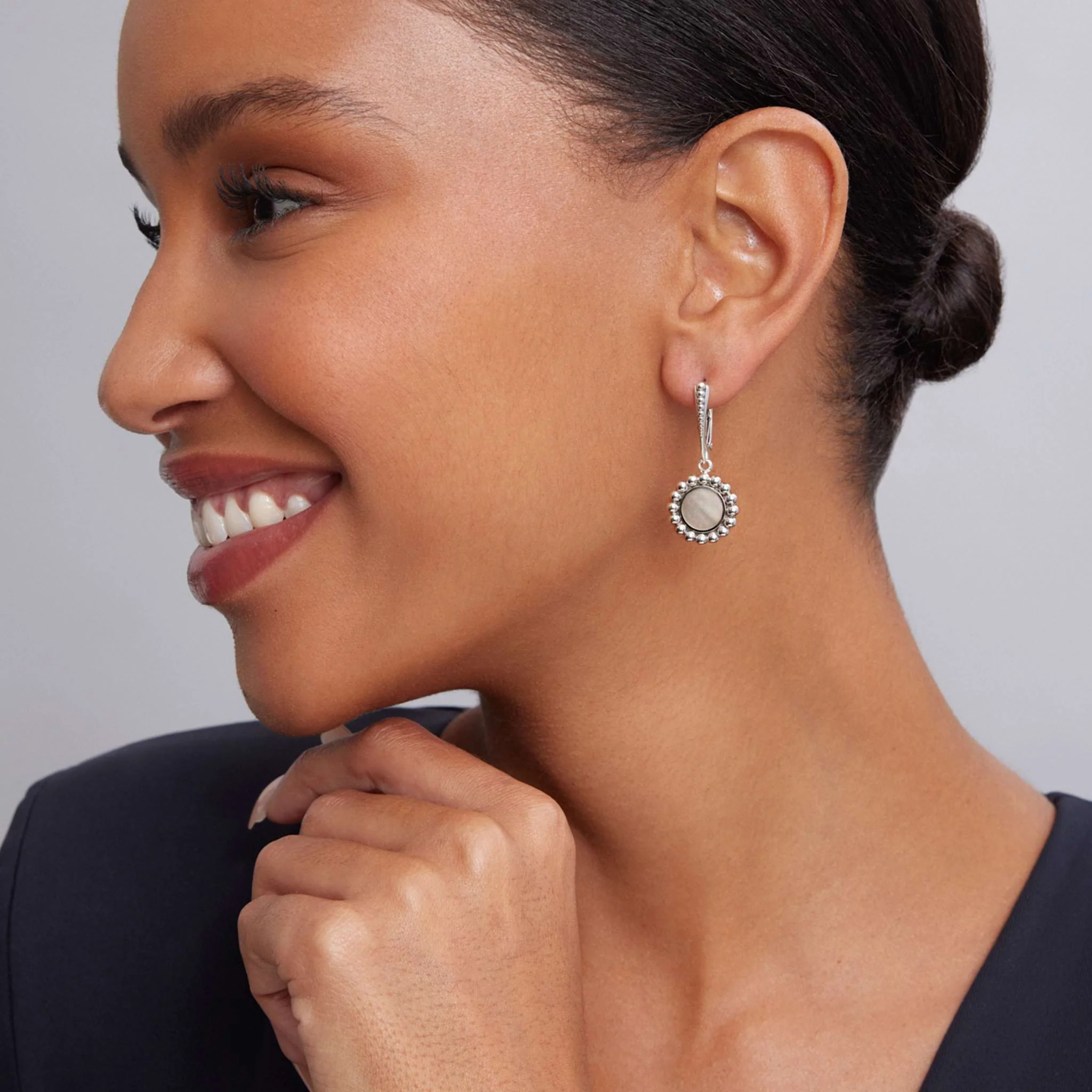 Maya Sterling Silver Small Mother of Pearl Circle Drop Earrings - Image 2