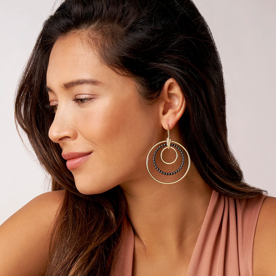 Meridian Statement 18K Gold and Ceramic Circle Drop Earrings - Image 2
