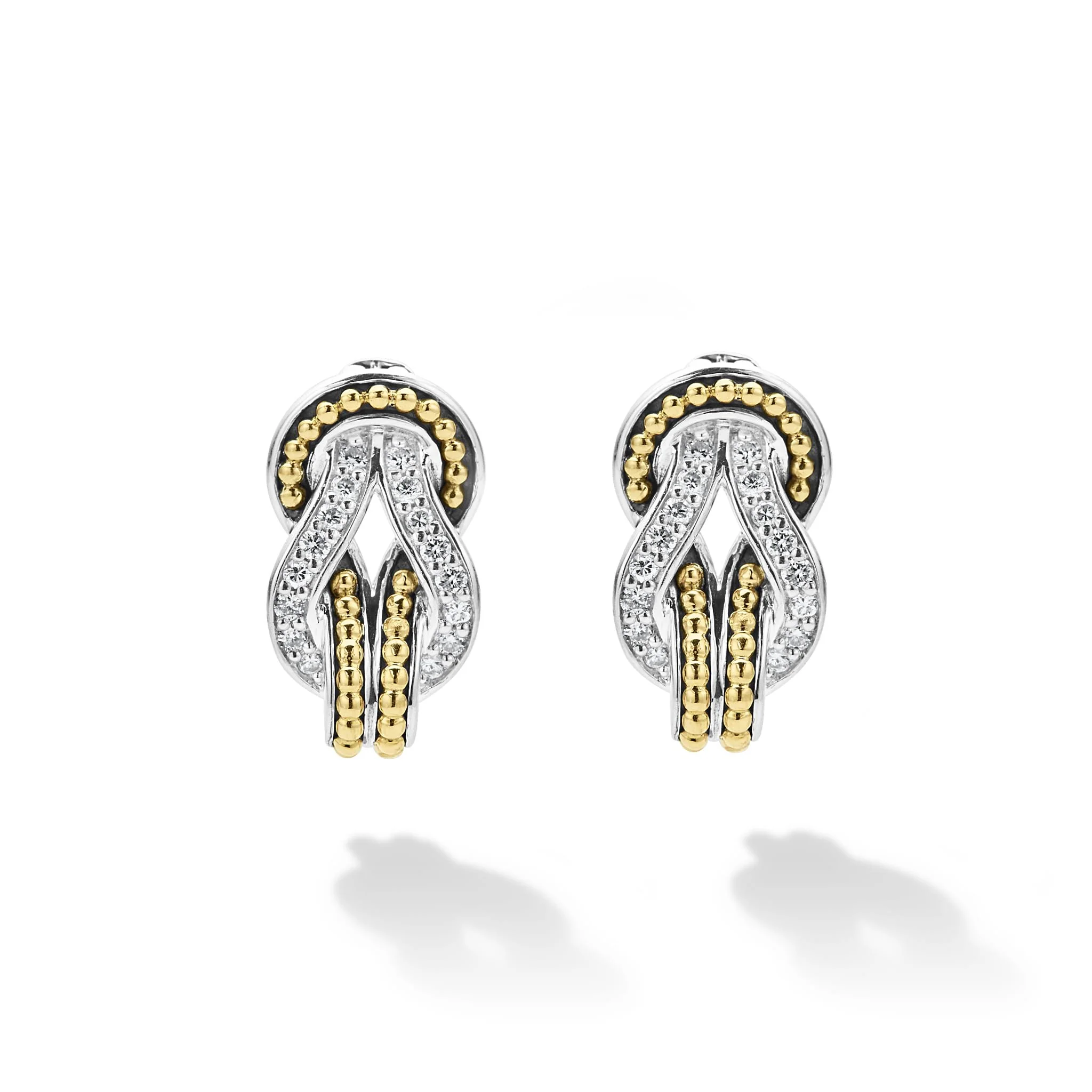 Newport Two-Tone Knot Diamond Huggie Earrings - Image 3