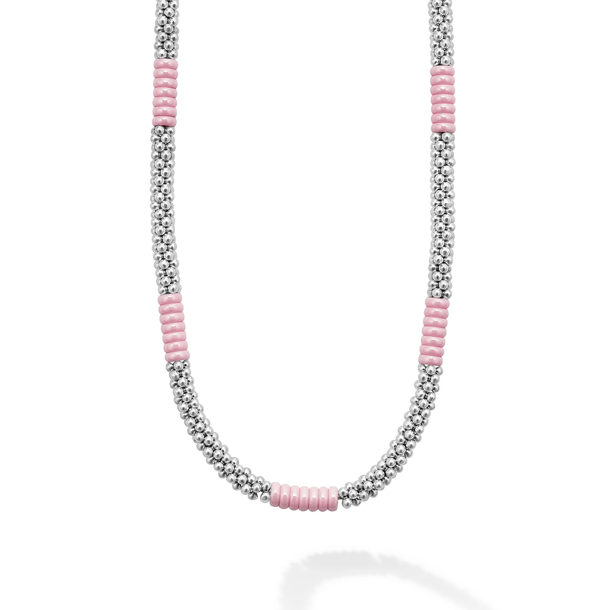 Pink Caviar Sterling Silver & Pink Ceramic Station Necklace 5mm