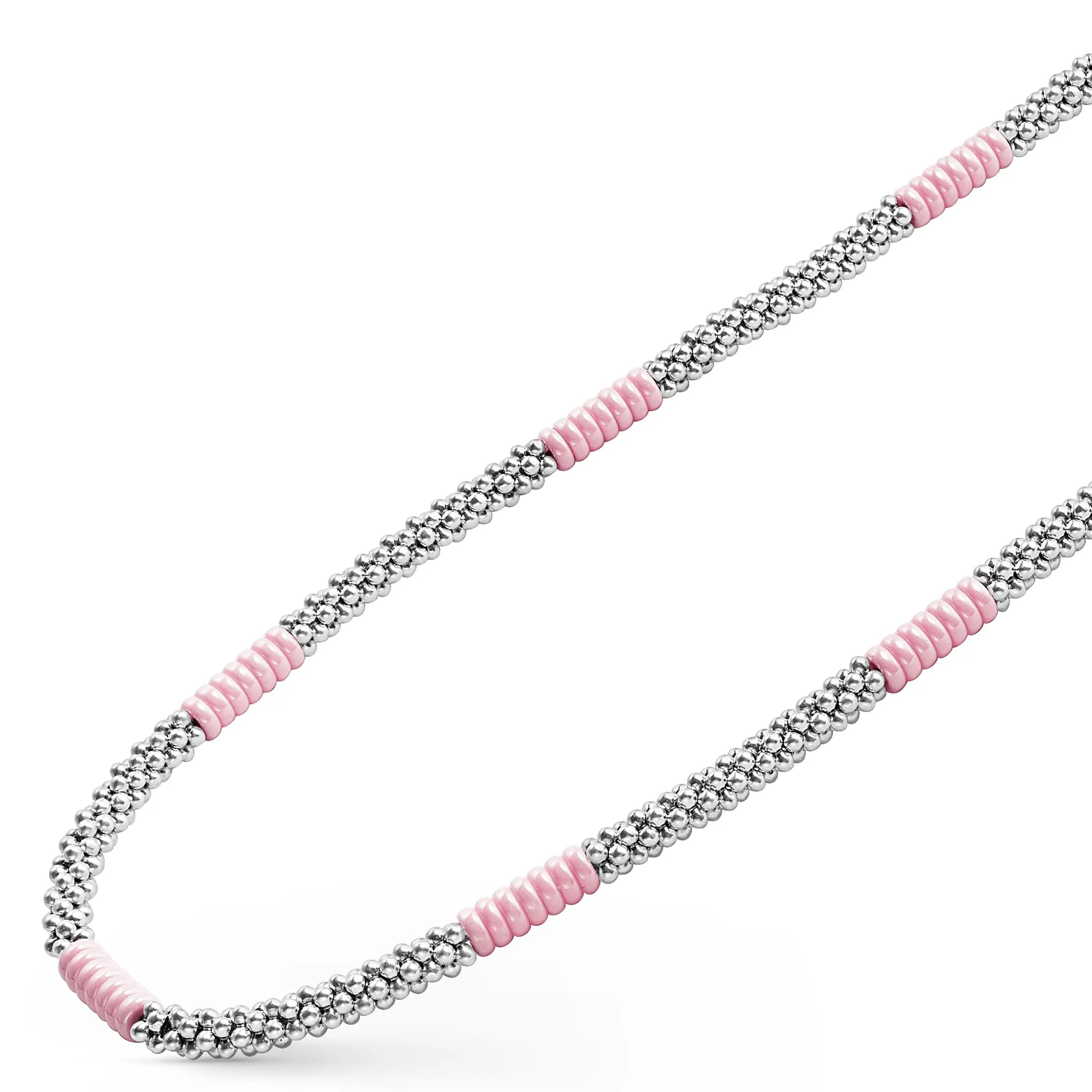 Pink Caviar Sterling Silver & Pink Ceramic Station Necklace 5mm - Image 4