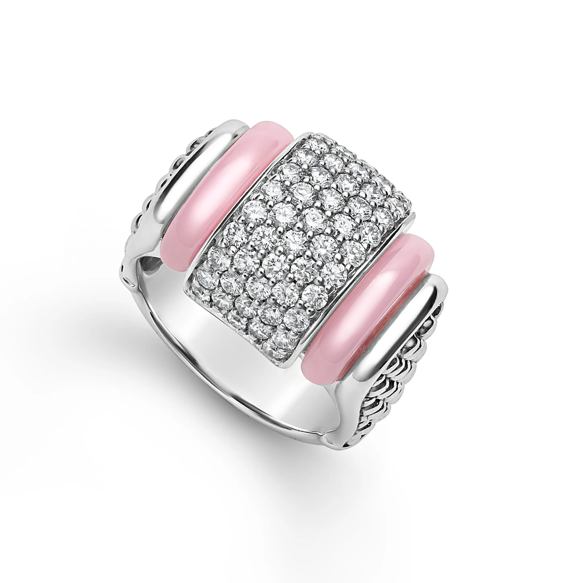 Pink Caviar Sterling Silver and Pink Ceramic Diamond Ring