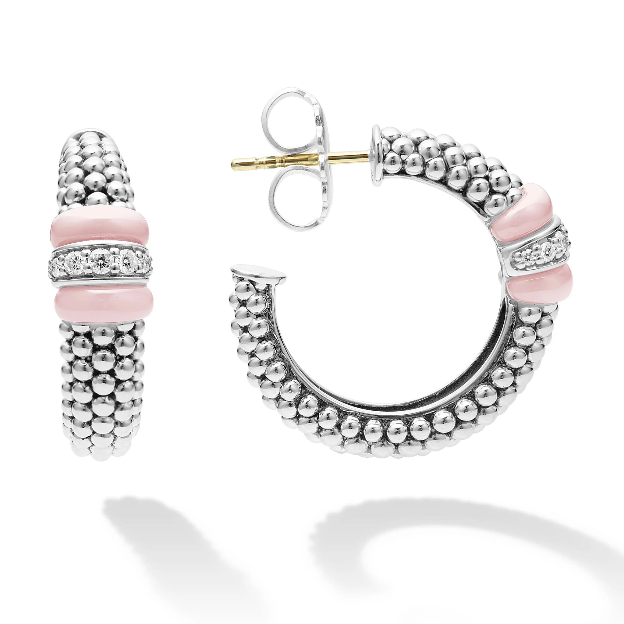 Pink Caviar Pink Ceramic & Sterling Silver Caviar Diamond Hoop Earrings