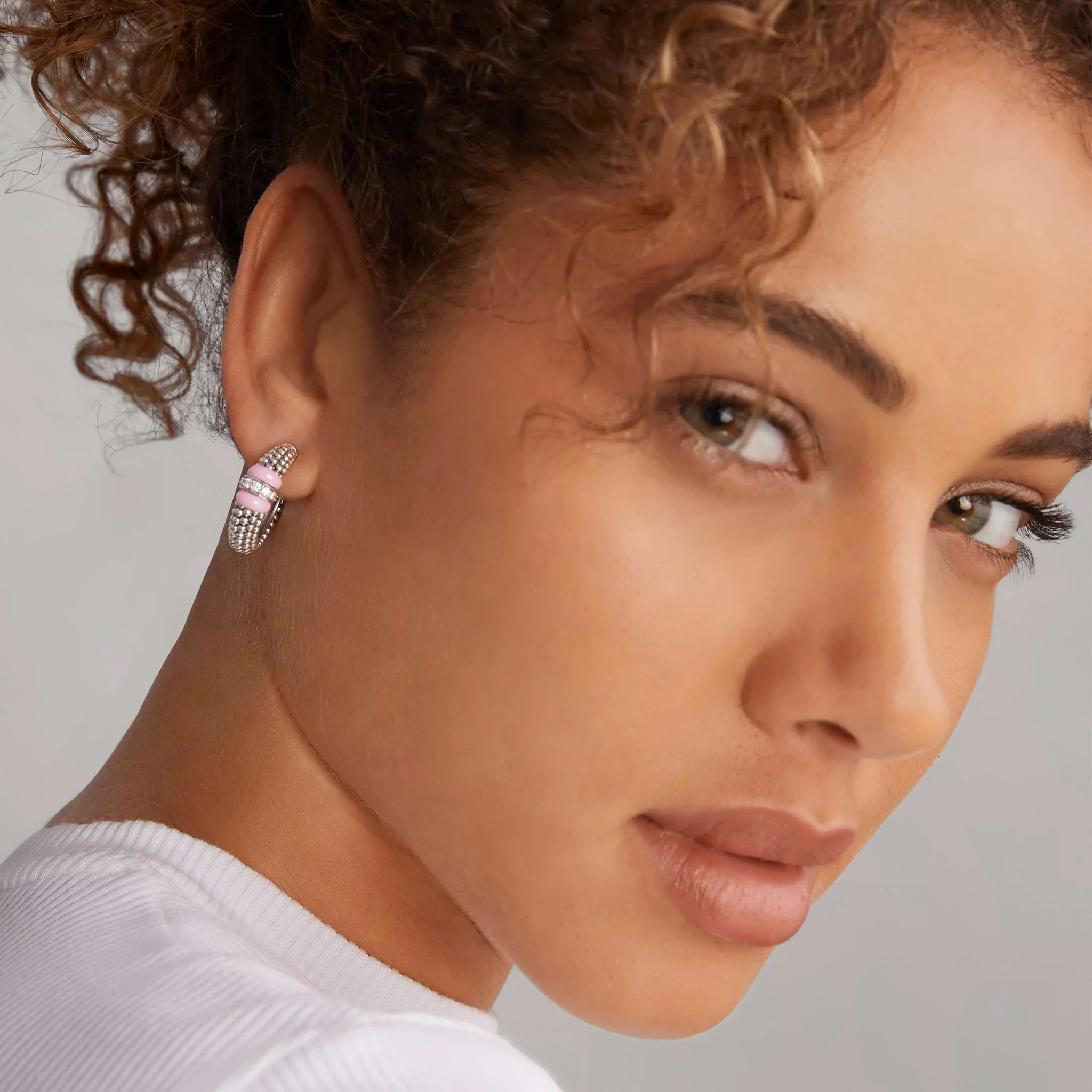 Pink Caviar Pink Ceramic & Sterling Silver Caviar Diamond Hoop Earrings - Image 2
