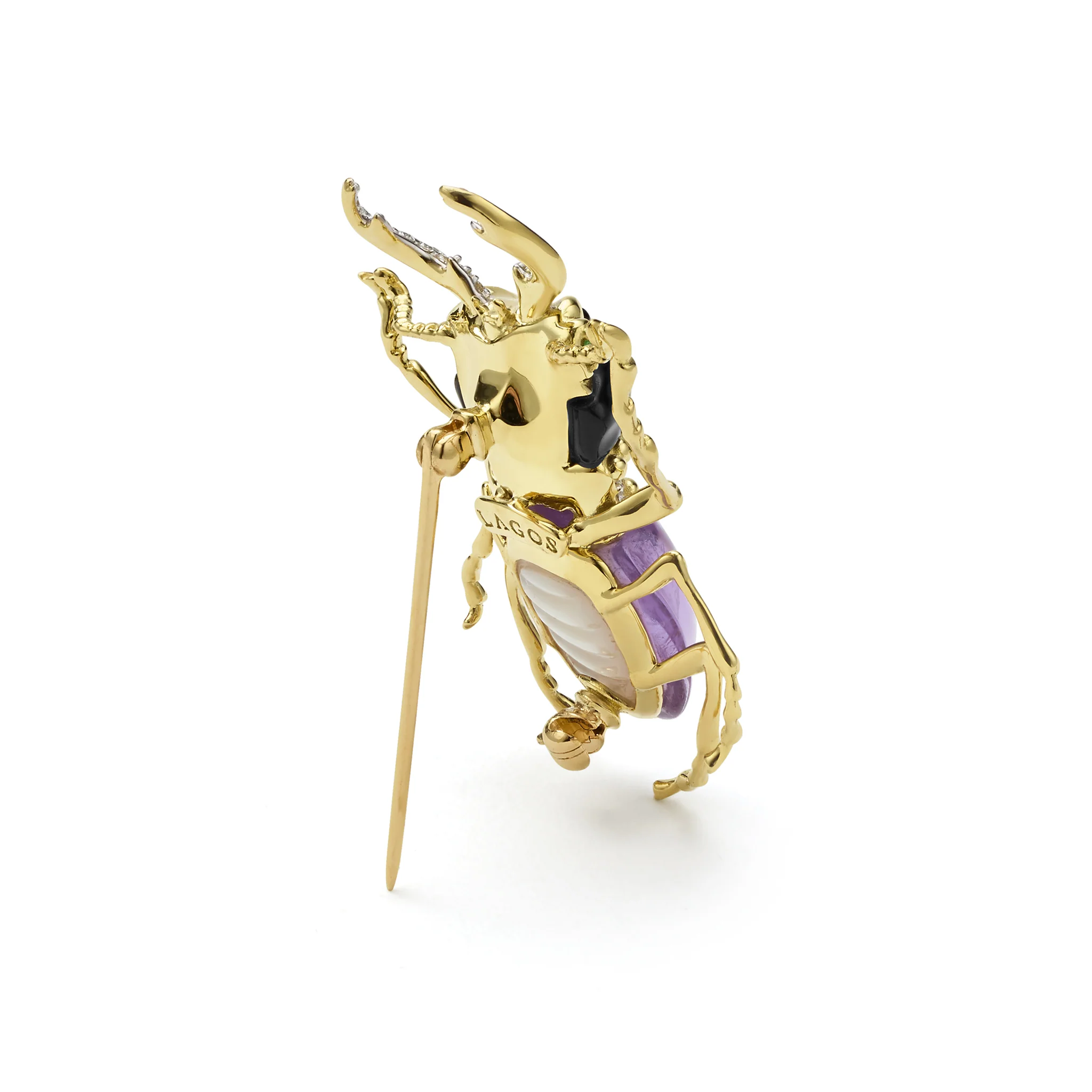 Rare Wonders 18K Gold Amethyst and Onyx Stag Beetle Pin - Image 4