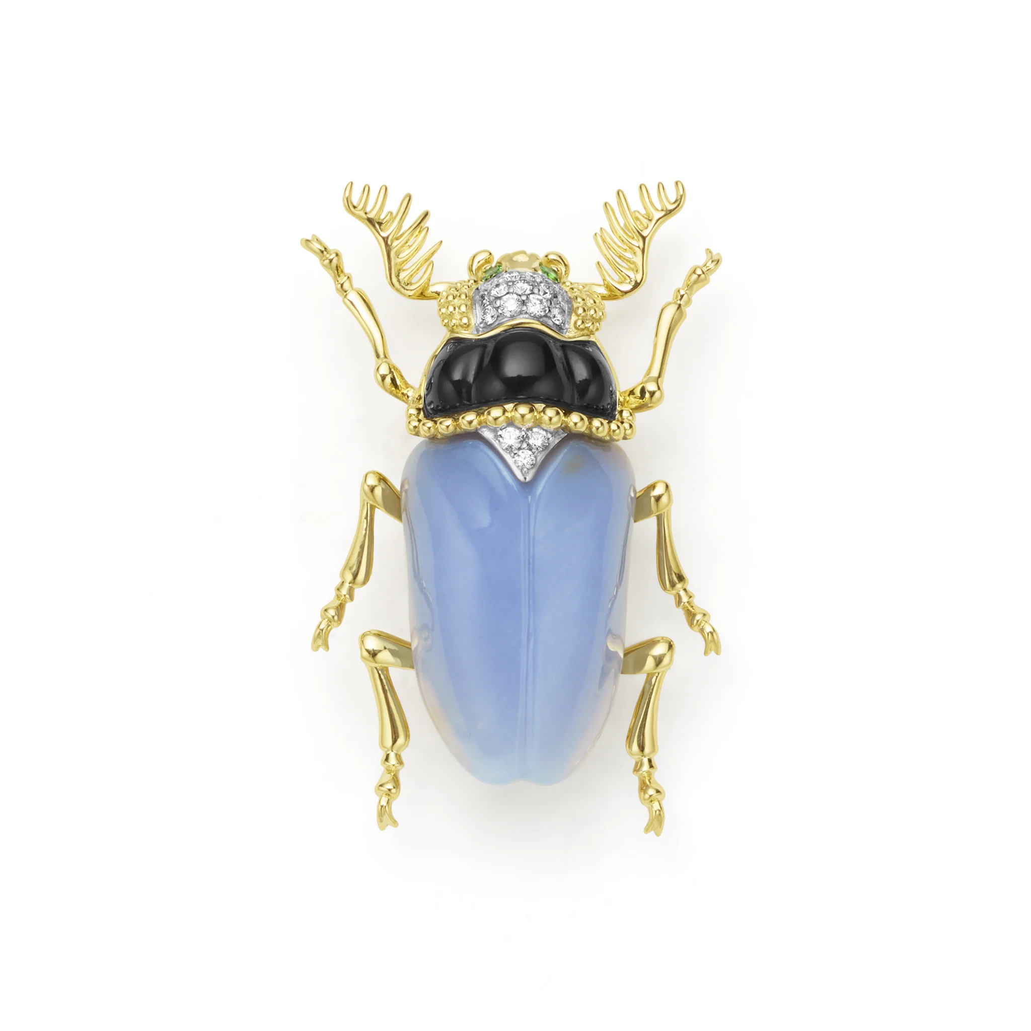 Rare Wonders 18K Gold Blue Chalcedony and Onyx Beetle Pin
