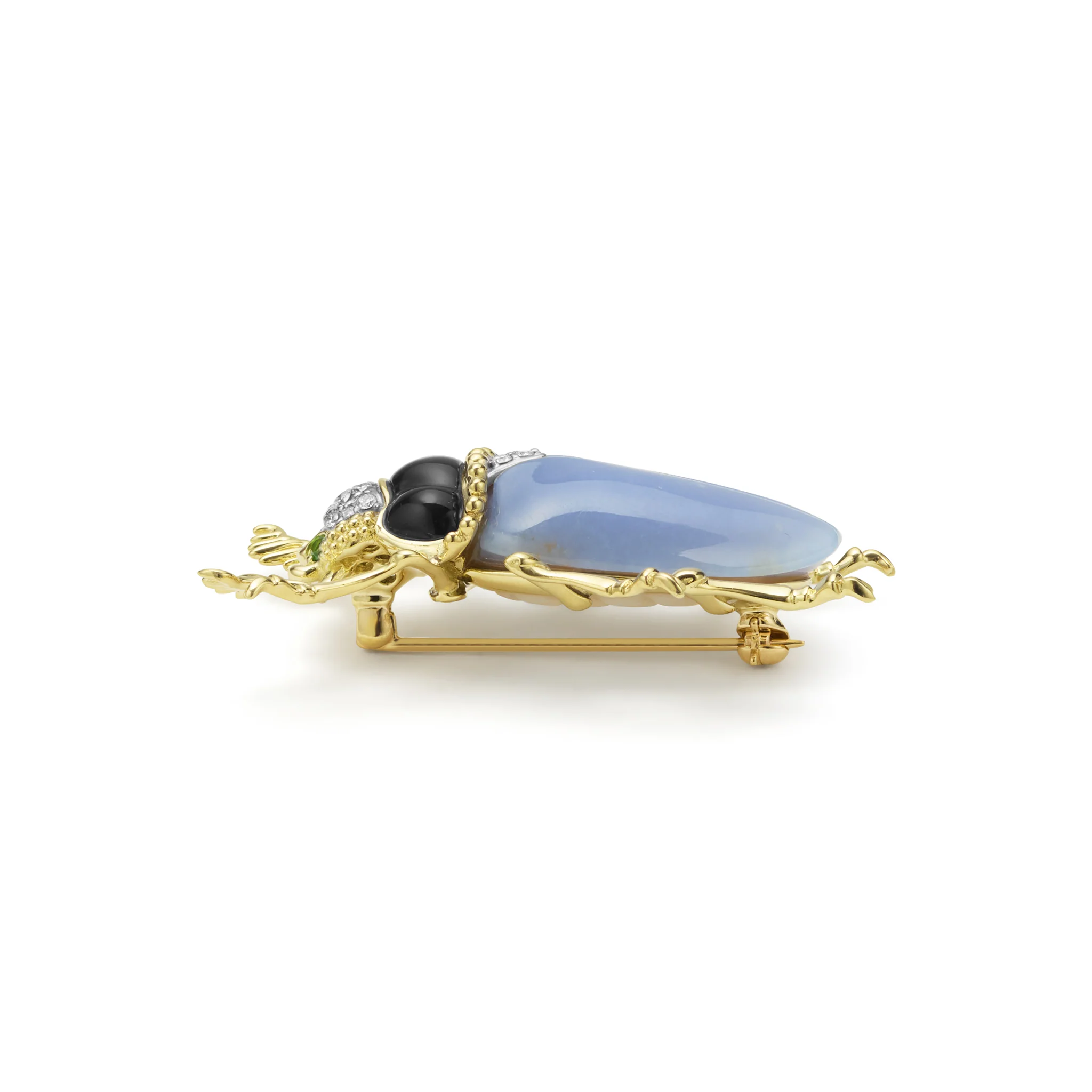 Rare Wonders 18K Gold Blue Chalcedony and Onyx Beetle Pin - Image 2