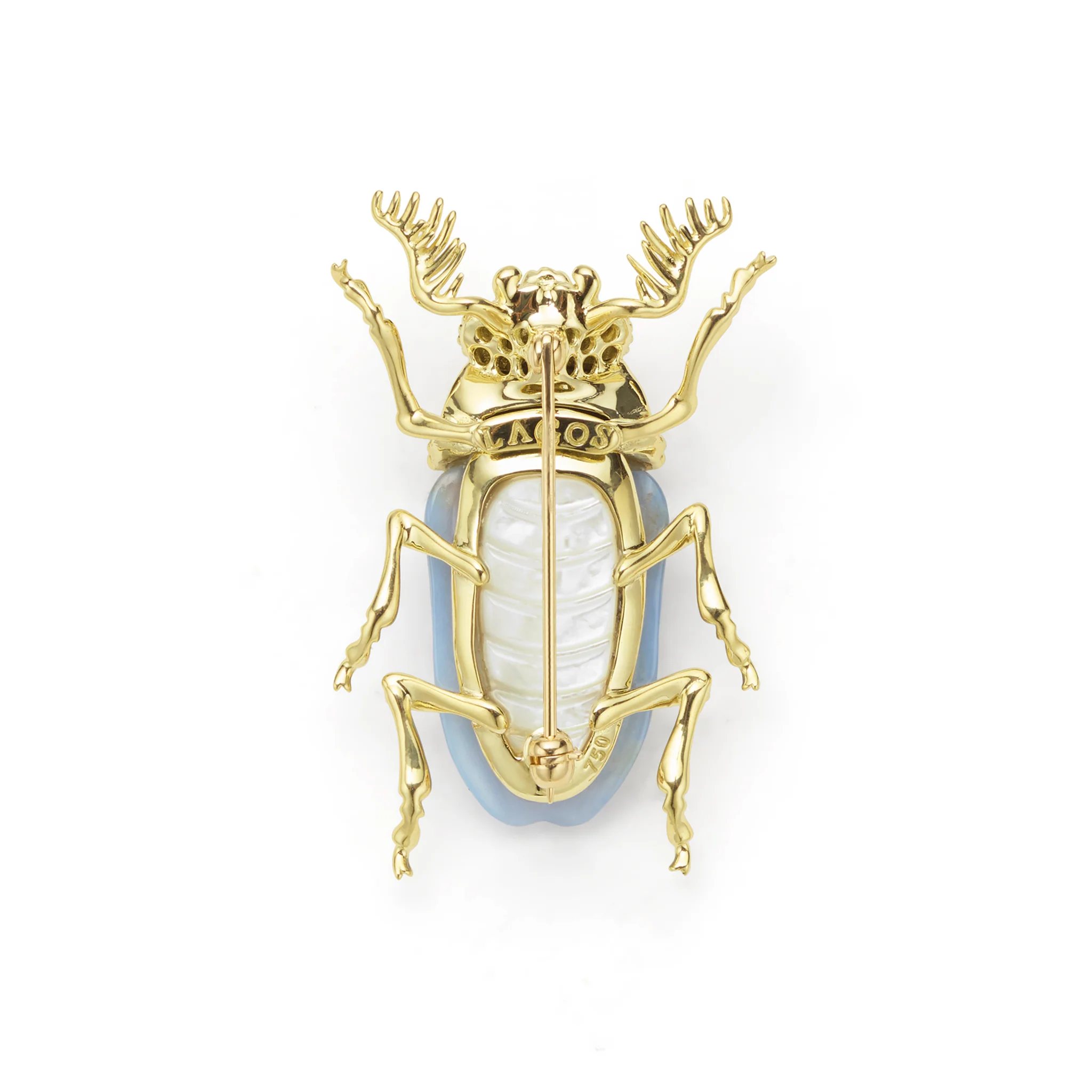 Rare Wonders 18K Gold Blue Chalcedony and Onyx Beetle Pin - Image 3