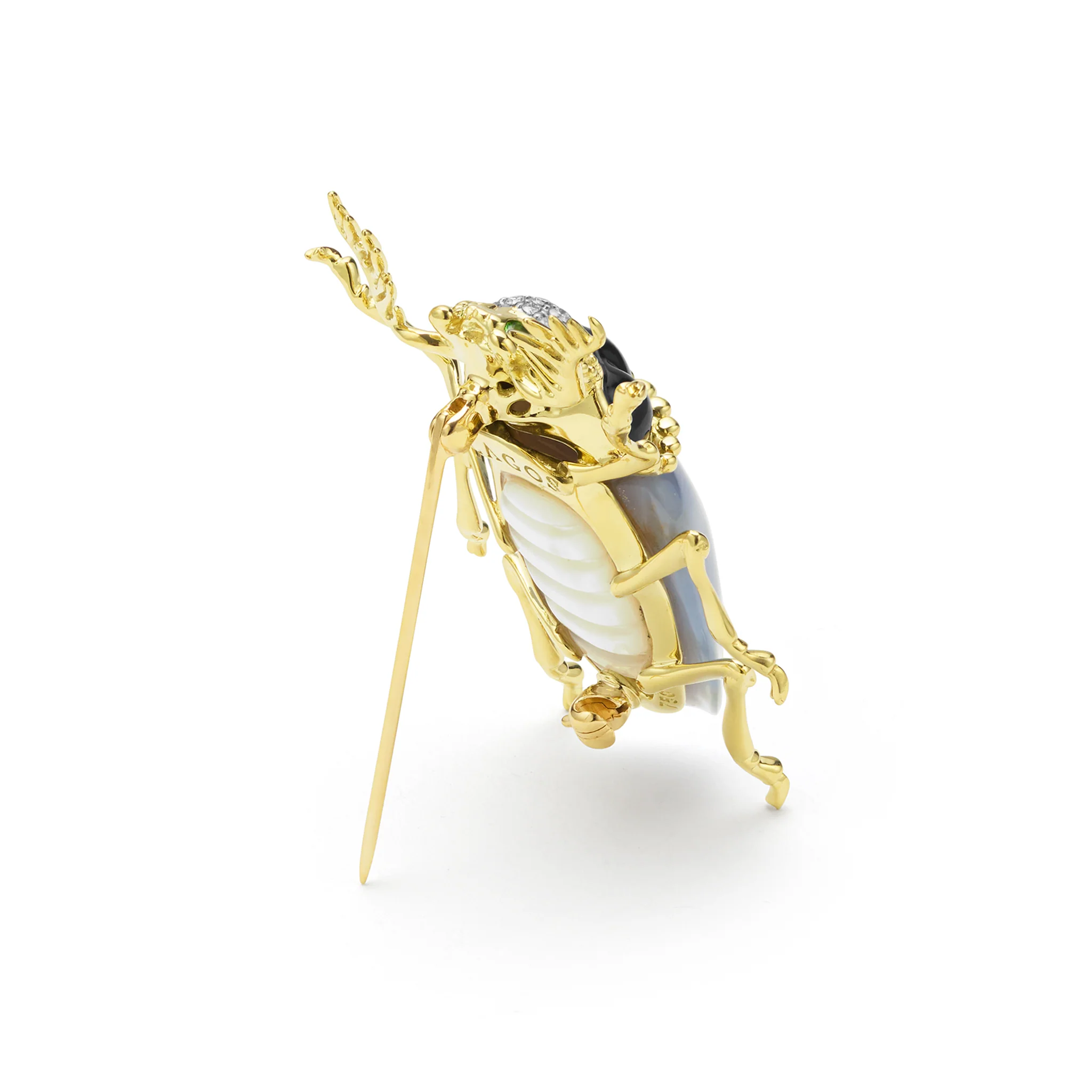Rare Wonders 18K Gold Blue Chalcedony and Onyx Beetle Pin - Image 4