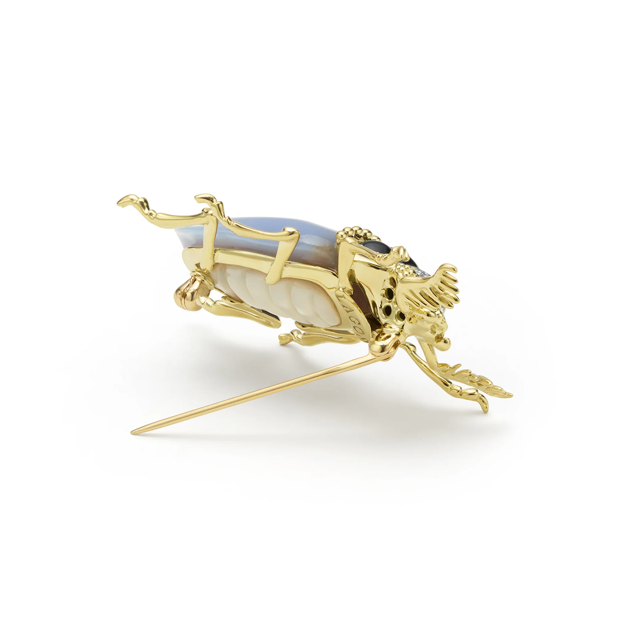 Rare Wonders 18K Gold Blue Chalcedony and Onyx Beetle Pin - Image 5
