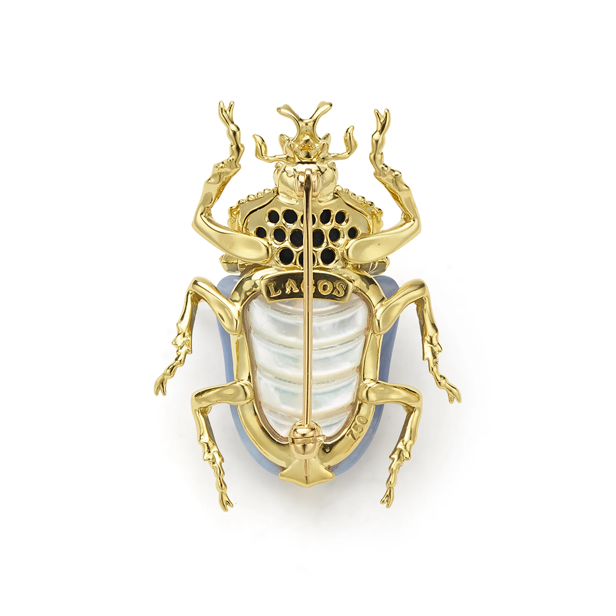 Rare Wonders 18K Gold Blue Chalcedony and Onyx Goliath Beetle Pin - Image 2