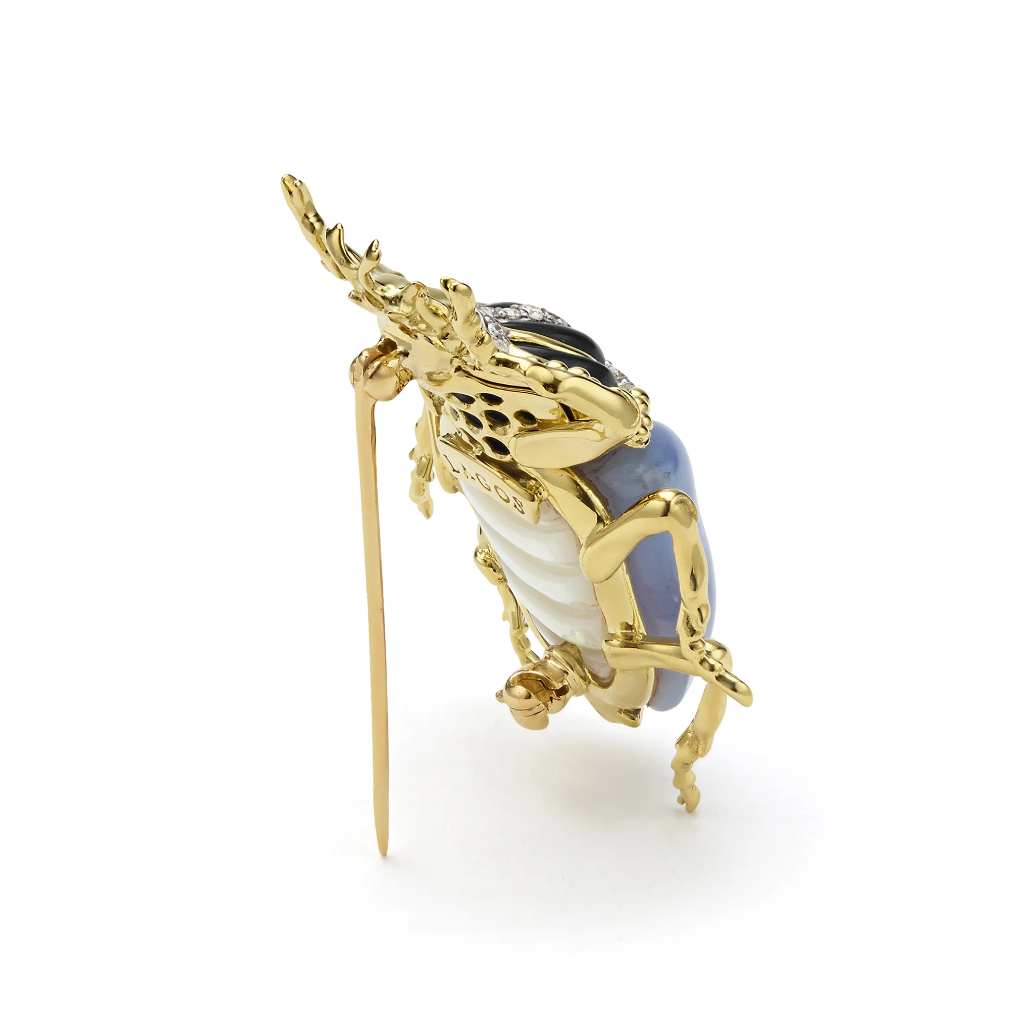 Rare Wonders 18K Gold Blue Chalcedony and Onyx Goliath Beetle Pin - Image 4