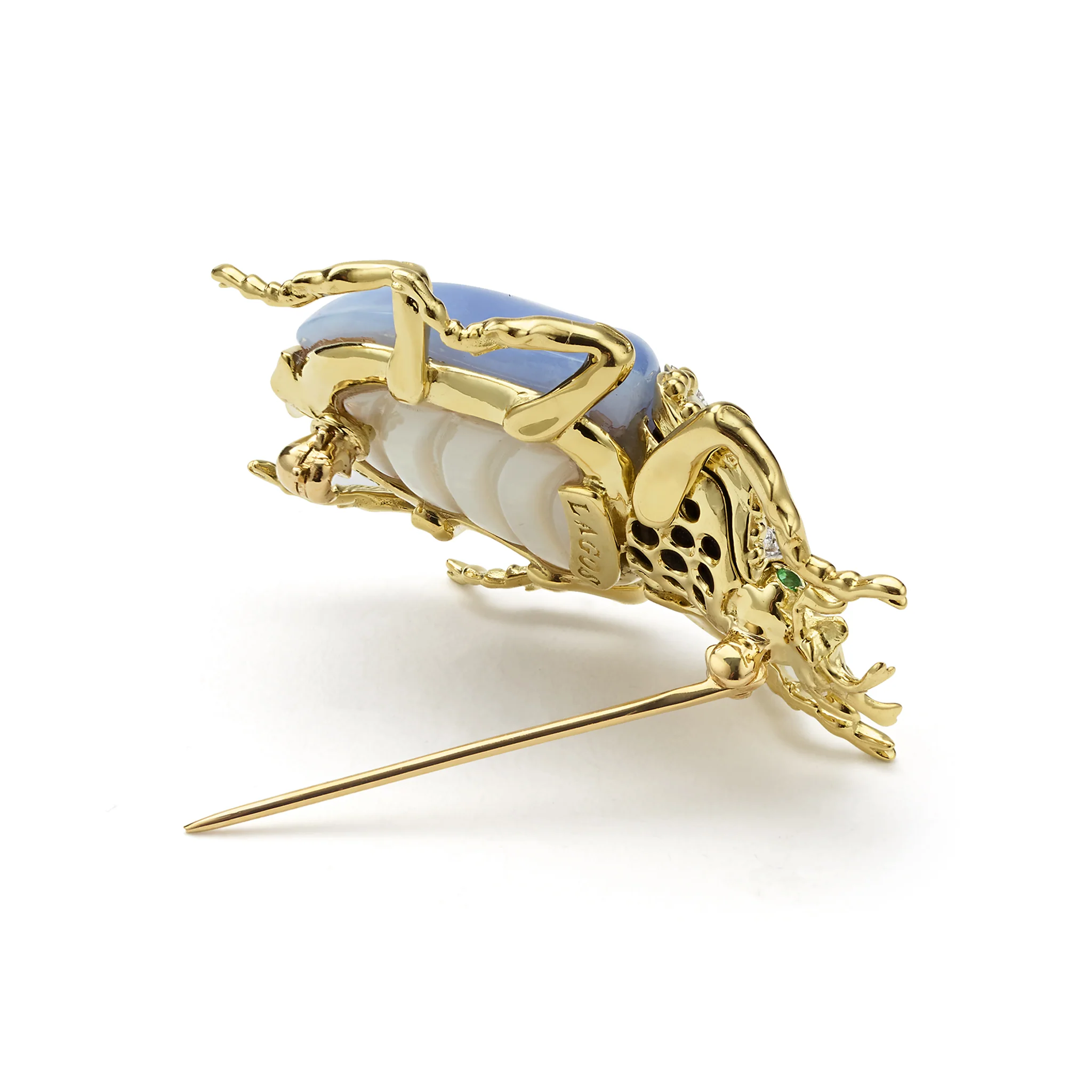 Rare Wonders 18K Gold Blue Chalcedony and Onyx Goliath Beetle Pin - Image 5
