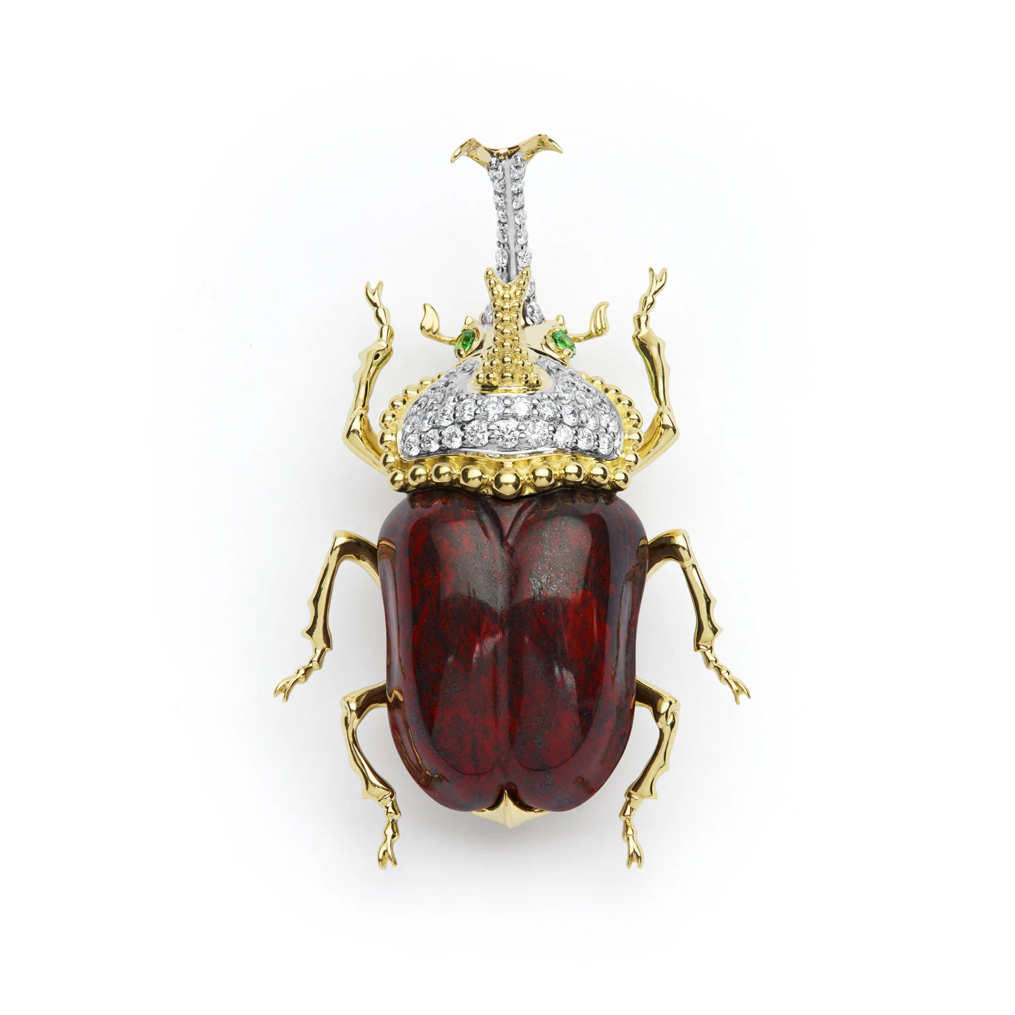 Rare Wonders 18K Gold Iddingsite and Diamond Hercules Beetle Pin