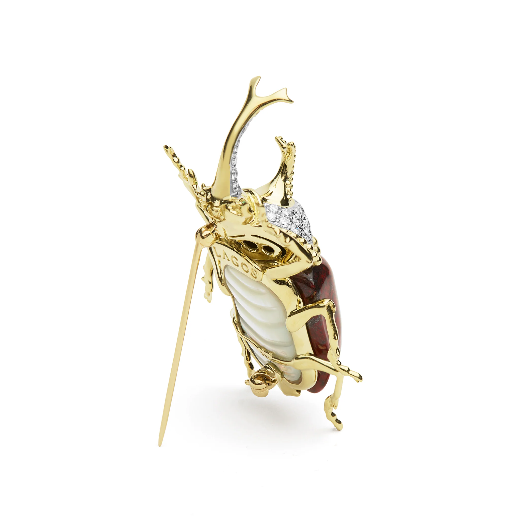 Rare Wonders 18K Gold Iddingsite and Diamond Hercules Beetle Pin - Image 4