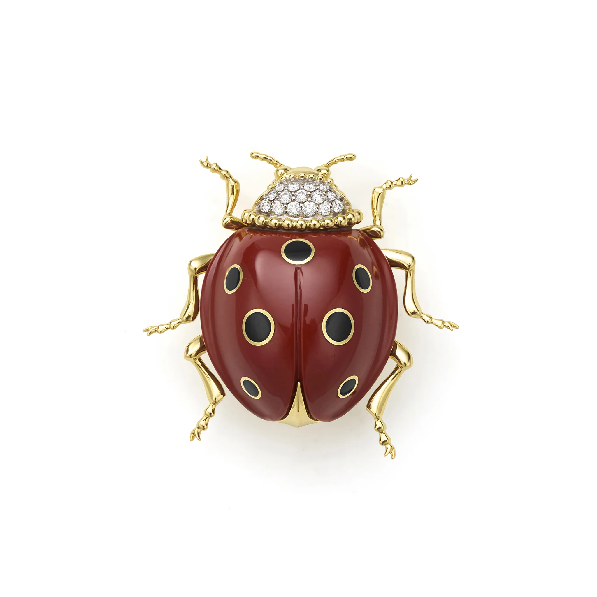 Rare Wonders 18K Gold Red Jade and Onyx Lady Bug Pin