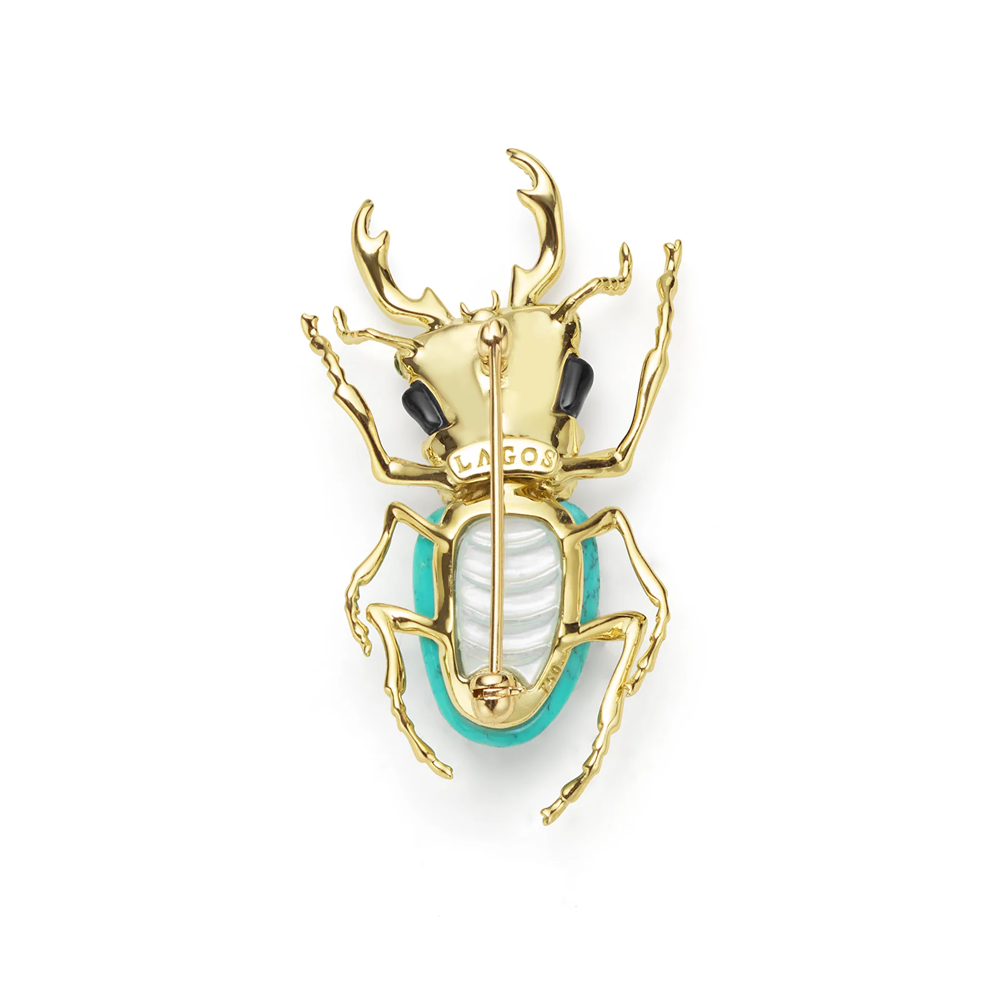 Rare Wonders 18K Gold Turquoise and Onyx Stag Beetle Pin - Image 2