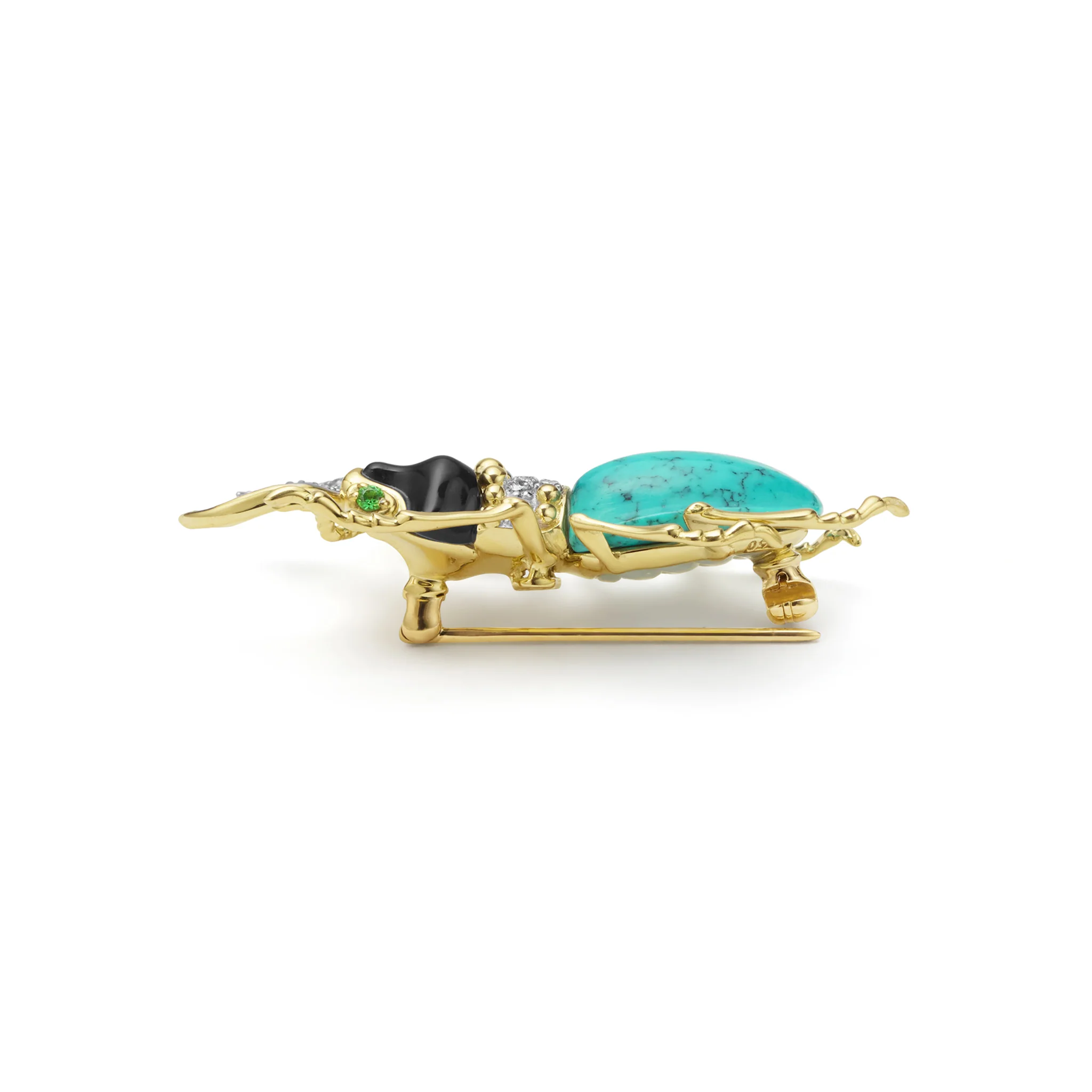 Rare Wonders 18K Gold Turquoise and Onyx Stag Beetle Pin - Image 3