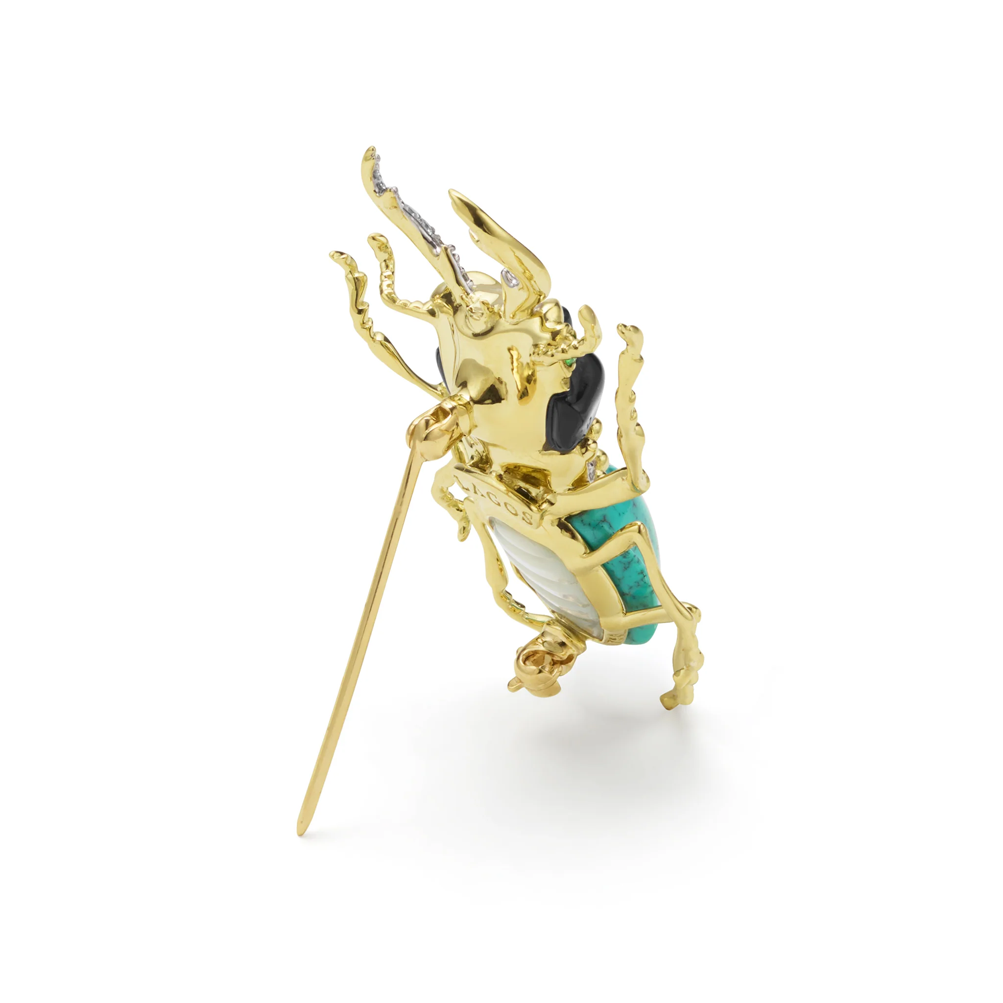 Rare Wonders 18K Gold Turquoise and Onyx Stag Beetle Pin - Image 4