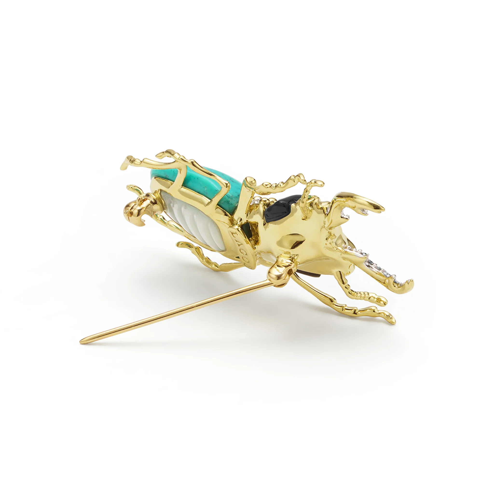 Rare Wonders 18K Gold Turquoise and Onyx Stag Beetle Pin - Image 5
