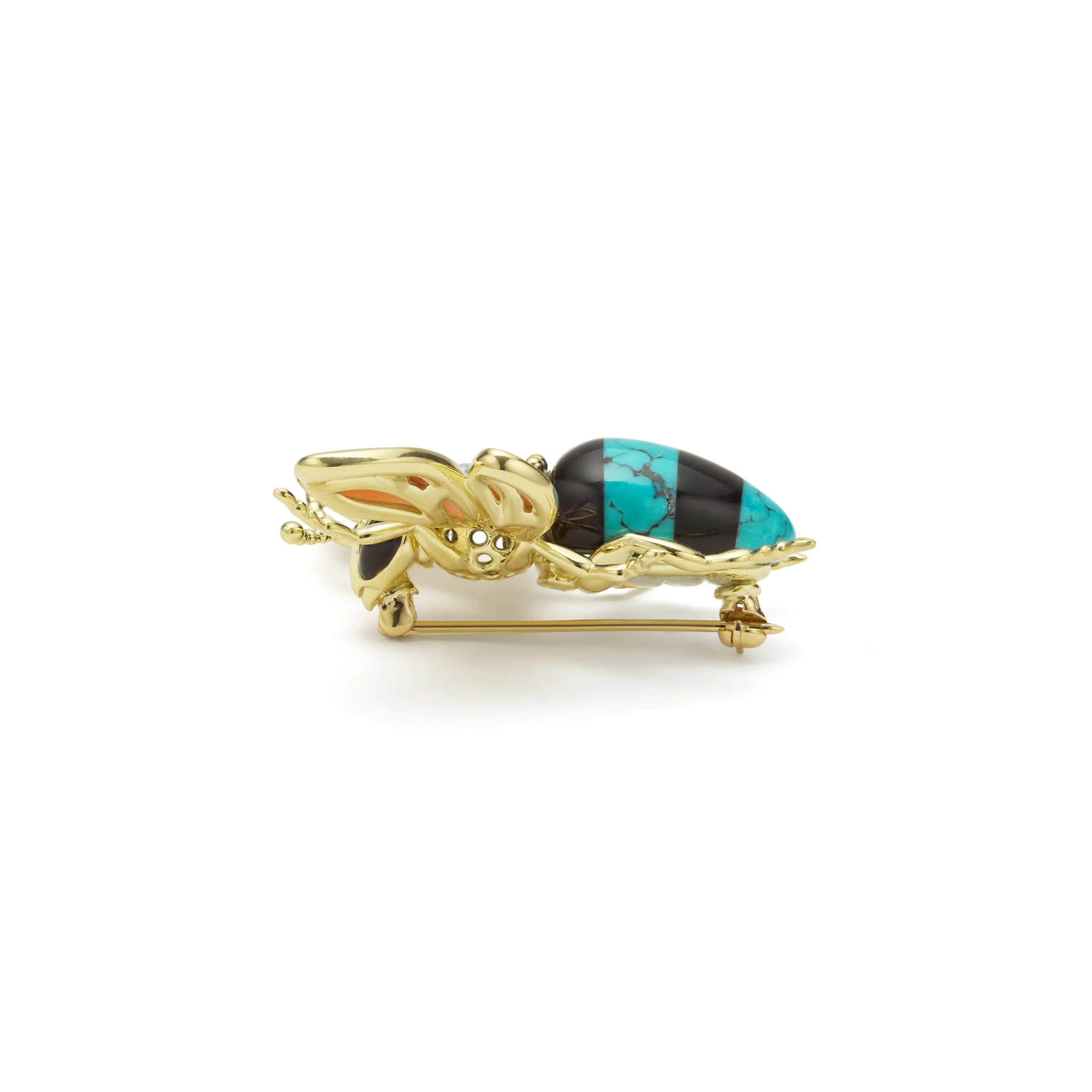 Rare Wonders 18K Gold Turquoise and Onyx Honeybee Pin - Image 2