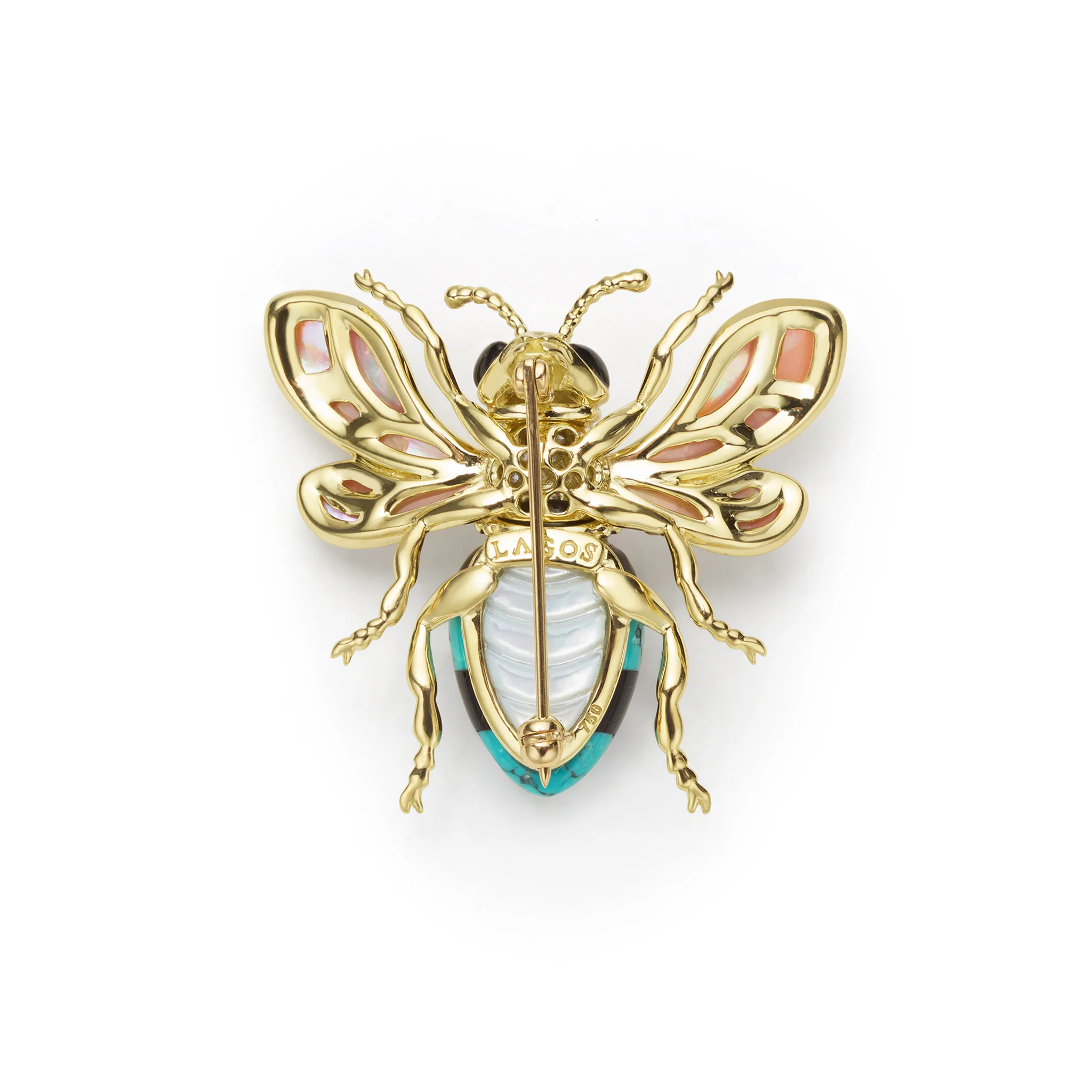 Rare Wonders 18K Gold Turquoise and Onyx Honeybee Pin - Image 3