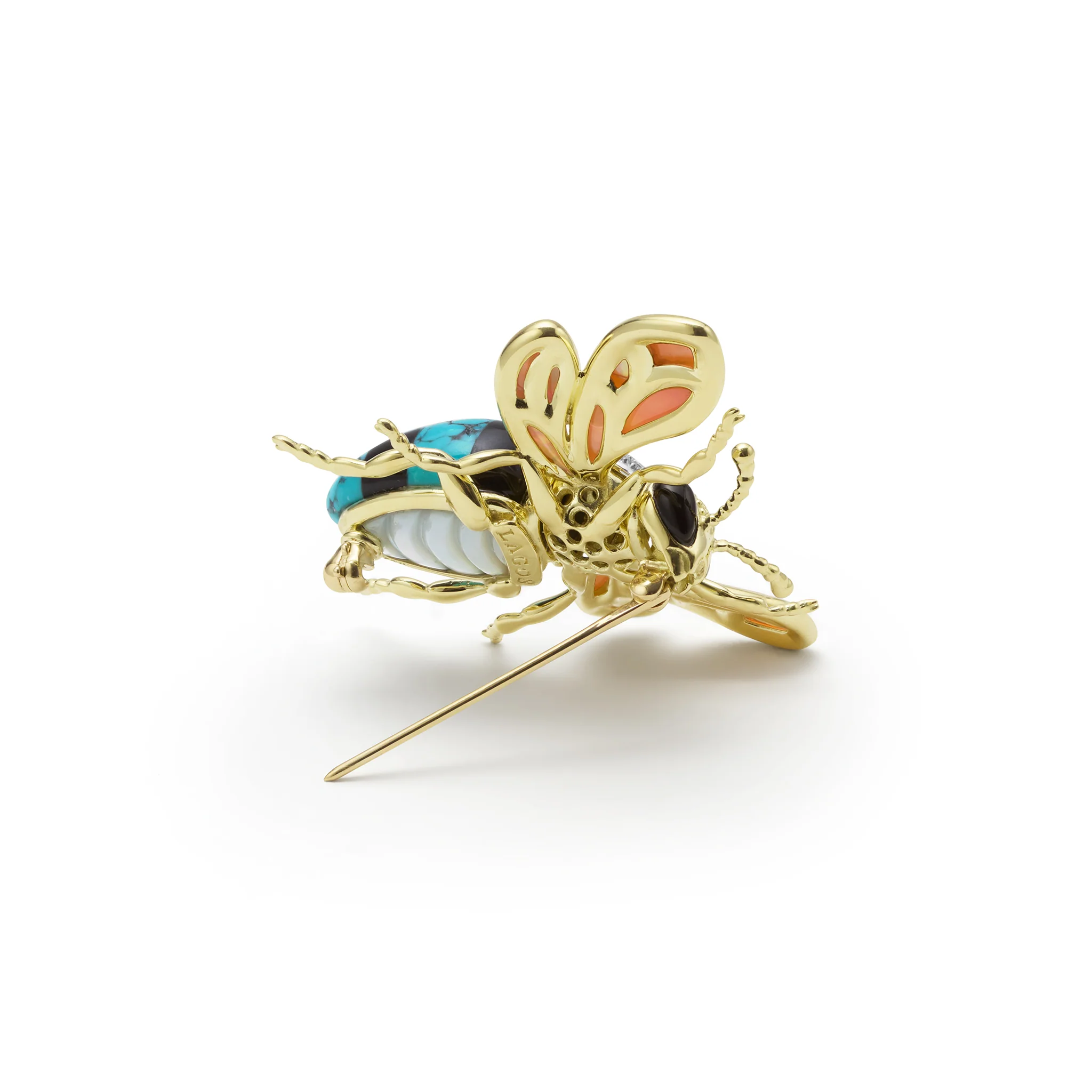 Rare Wonders 18K Gold Turquoise and Onyx Honeybee Pin - Image 4