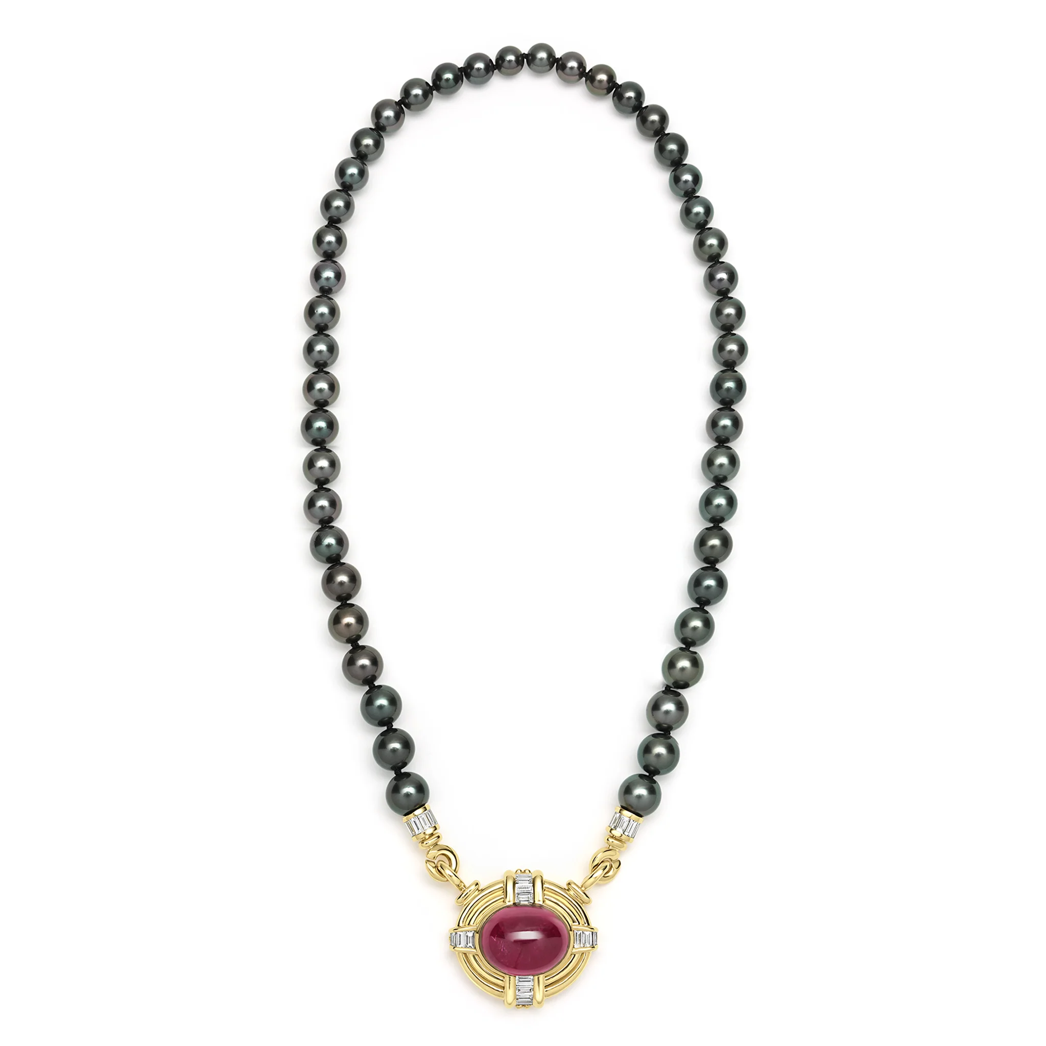 SML 18K Gold Rubellite Cabochon and Diamond Necklace - Image 3