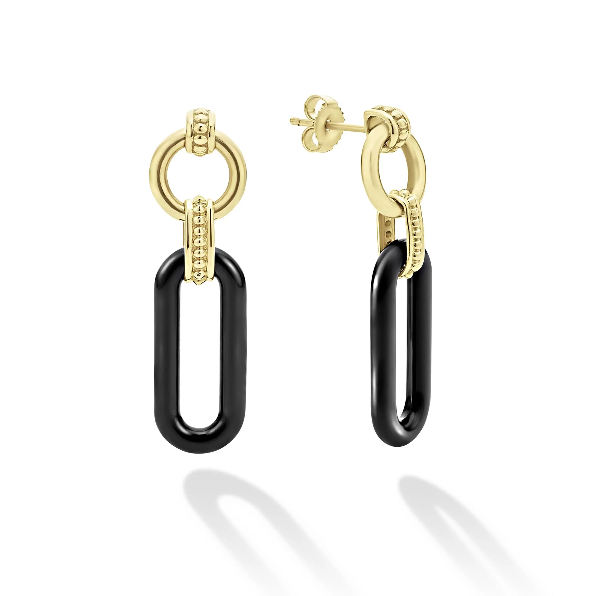 Signature Caviar 18K Gold & Black Ceramic Link Drop Earrings