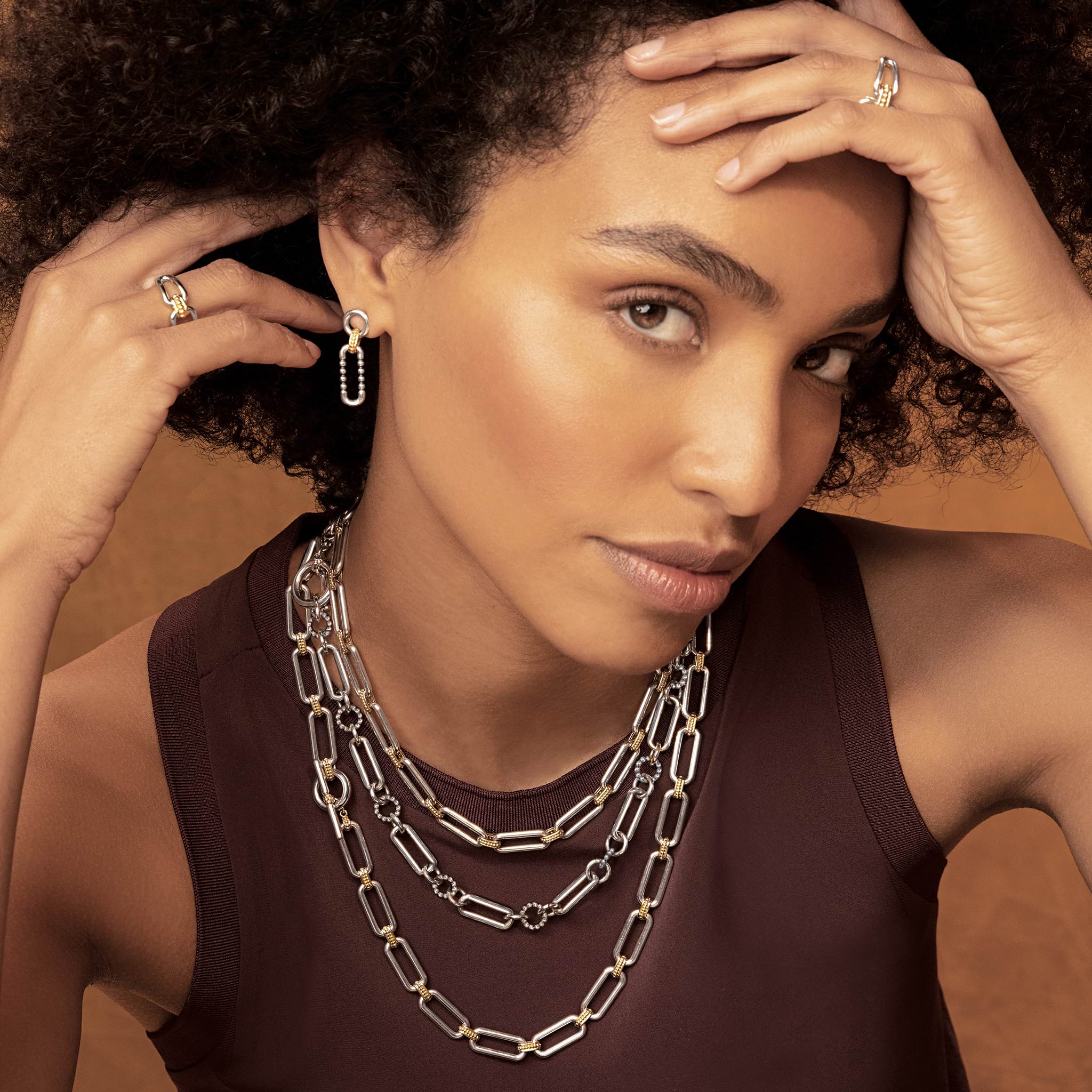 Signature Caviar Two-Tone Link Drop Earrings - Image 5