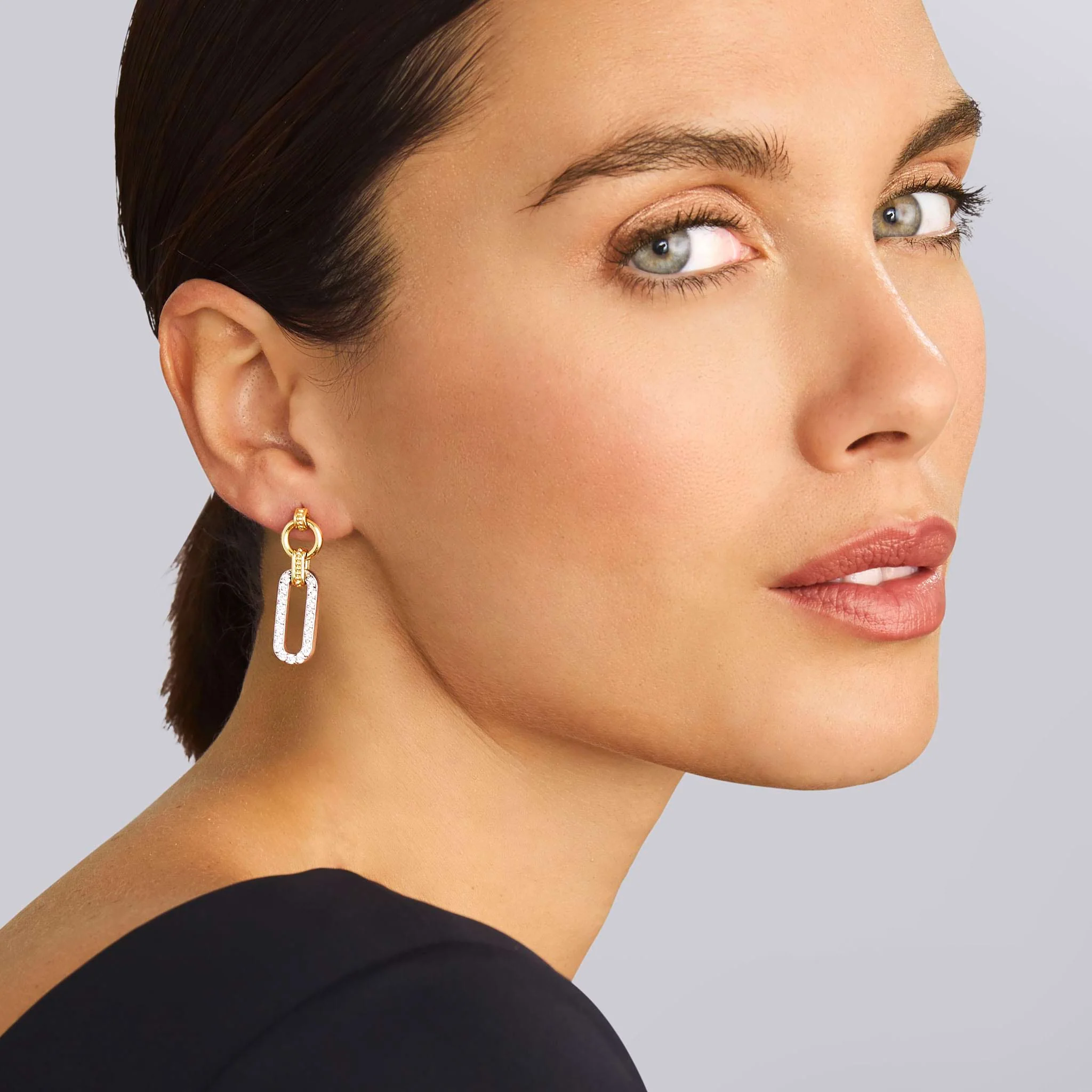 Signature Caviar Two-Tone Link Diamond Drop Earrings - Image 2