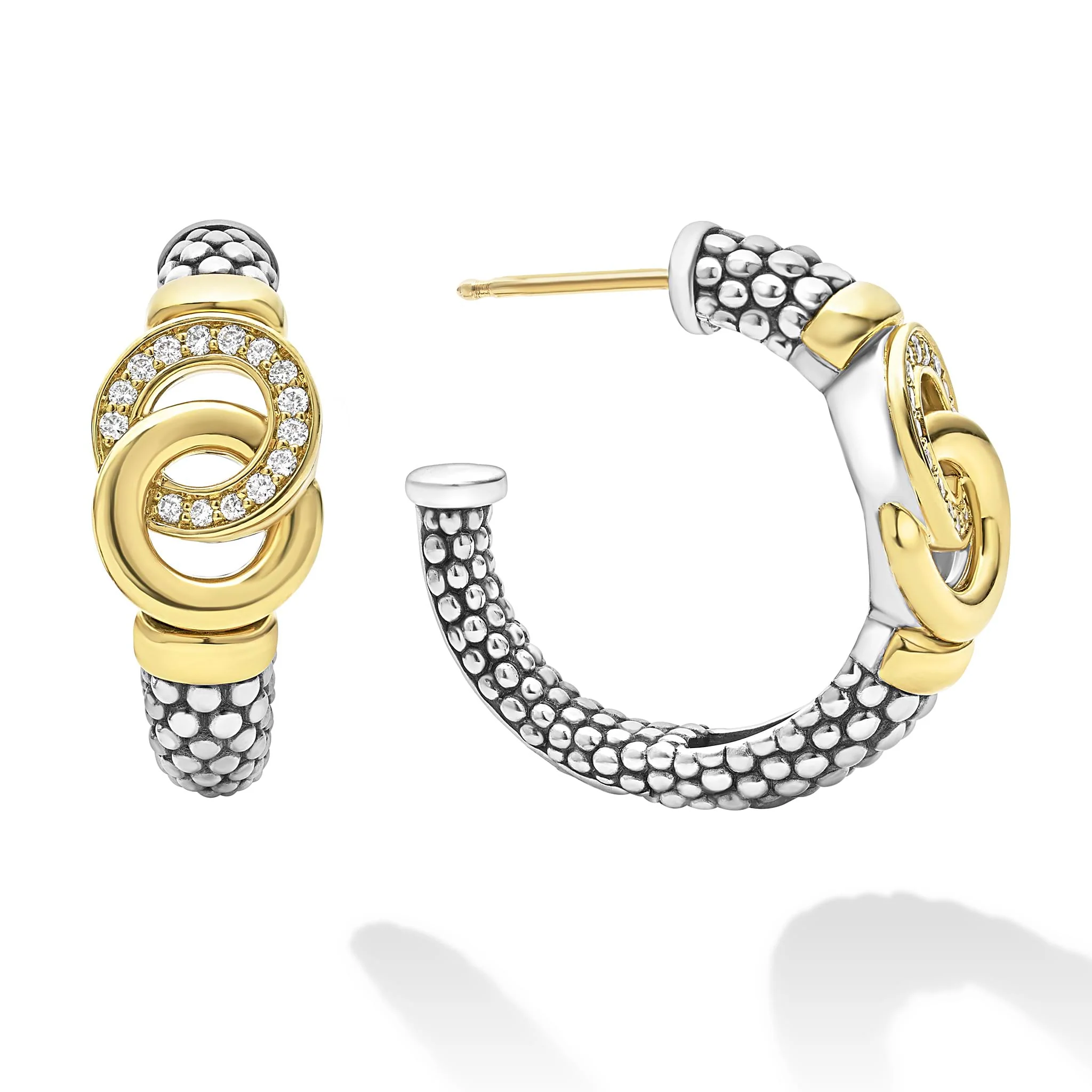 Signature Caviar Two-Tone Interlocking Diamond Hoop Earrings - Image 3