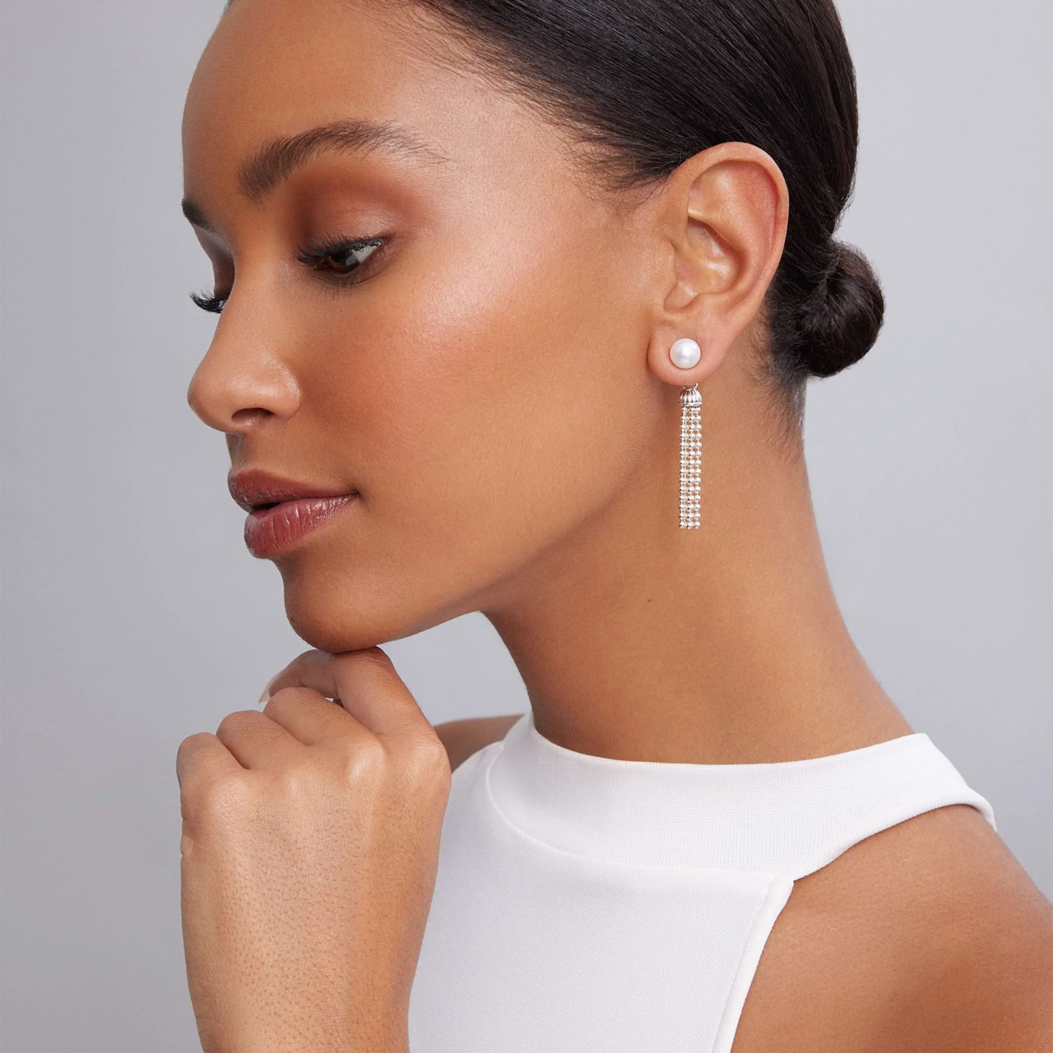 Signature Caviar Pearl Tassel Front-Back Drop Earrings - Image 2