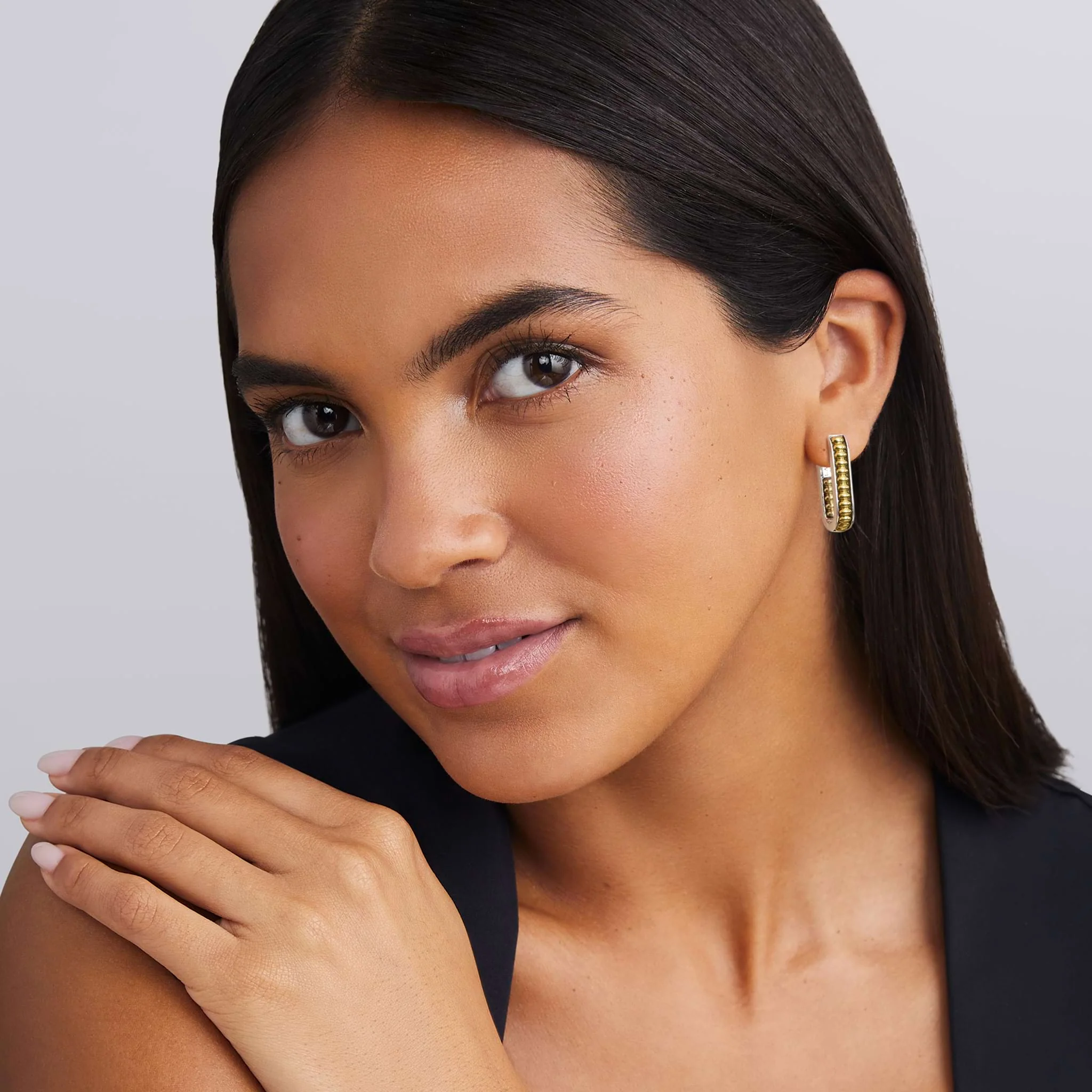 Signature Caviar Two-Tone Beaded Linear Hoop Earrings - Image 2