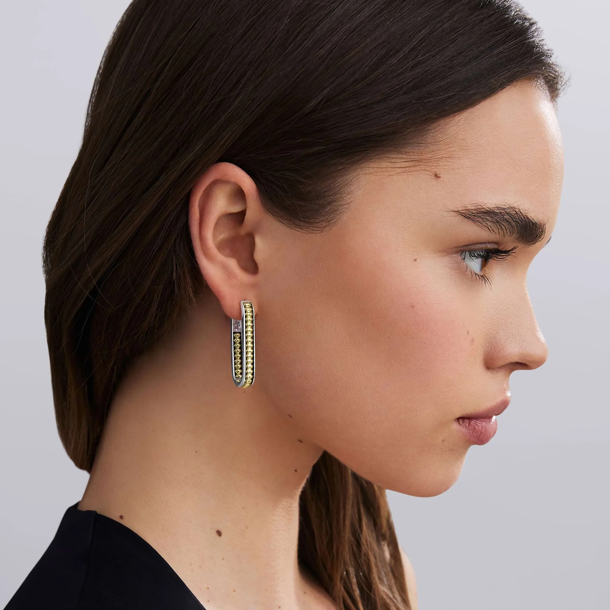 Signature Caviar Large Two-Tone Linear Hoop Earrings - Image 2