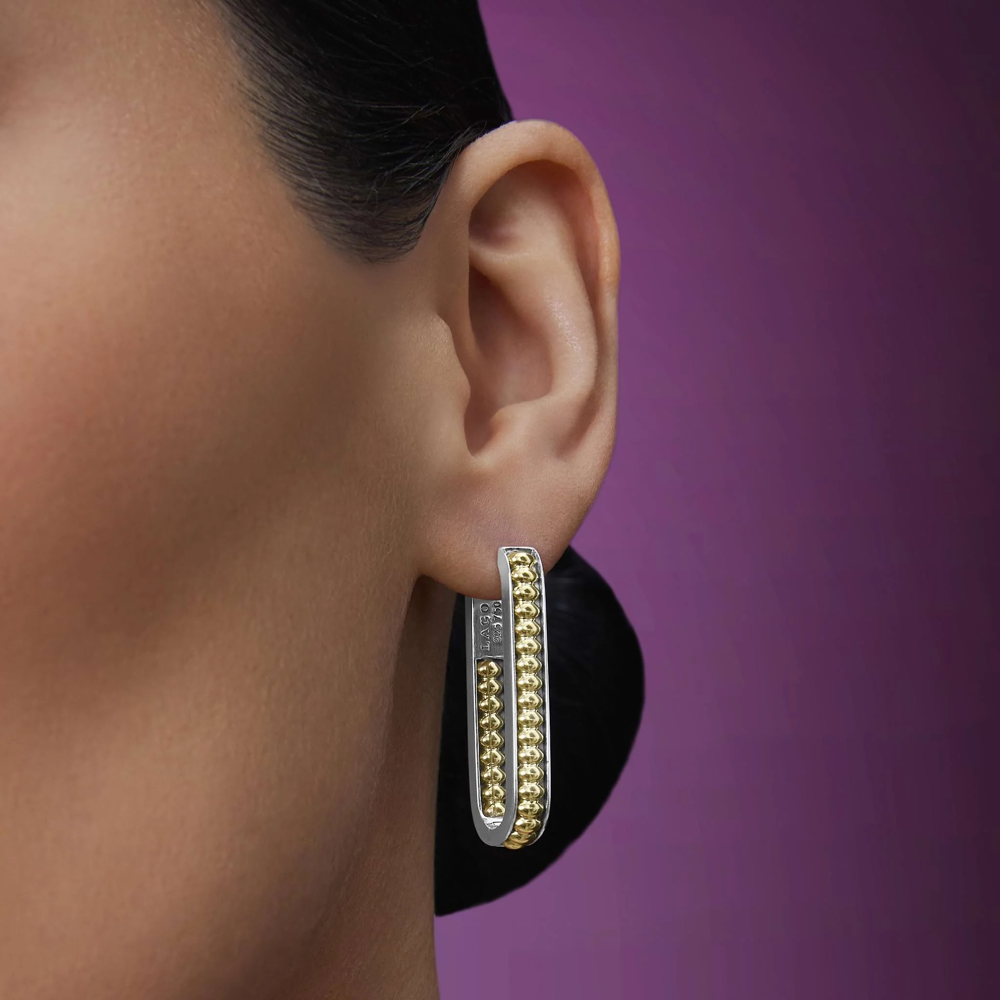 Signature Caviar Large Two-Tone Linear Hoop Earrings - Image 5