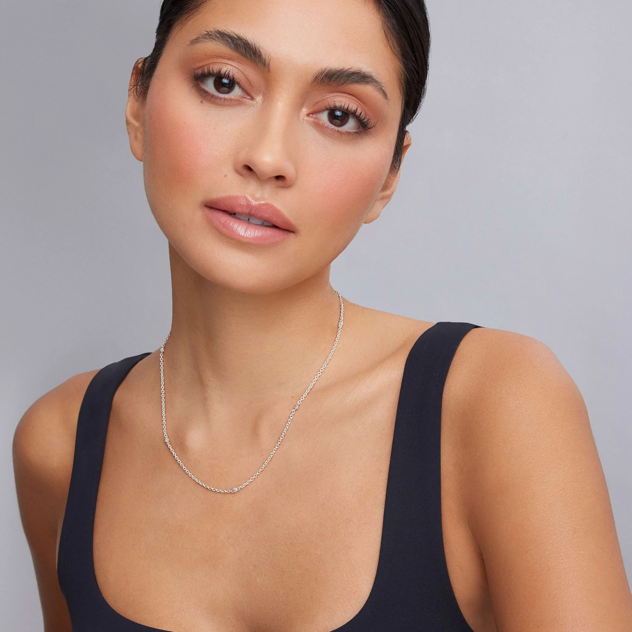 Signature Caviar Silver Beaded Station Necklace - Image 2