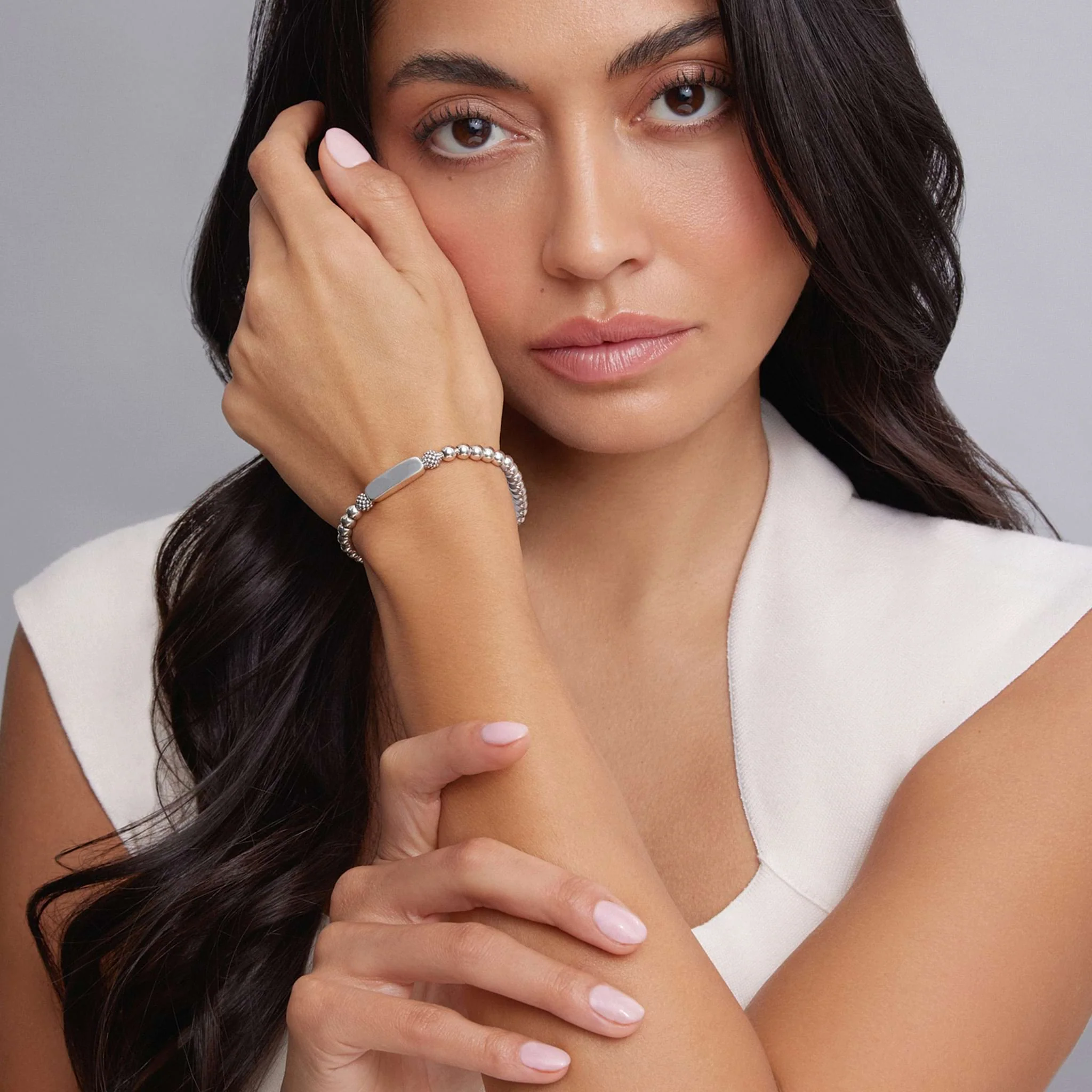 Signature Caviar Silver Engravable Station Stretch Bead Bracelet - Image 2