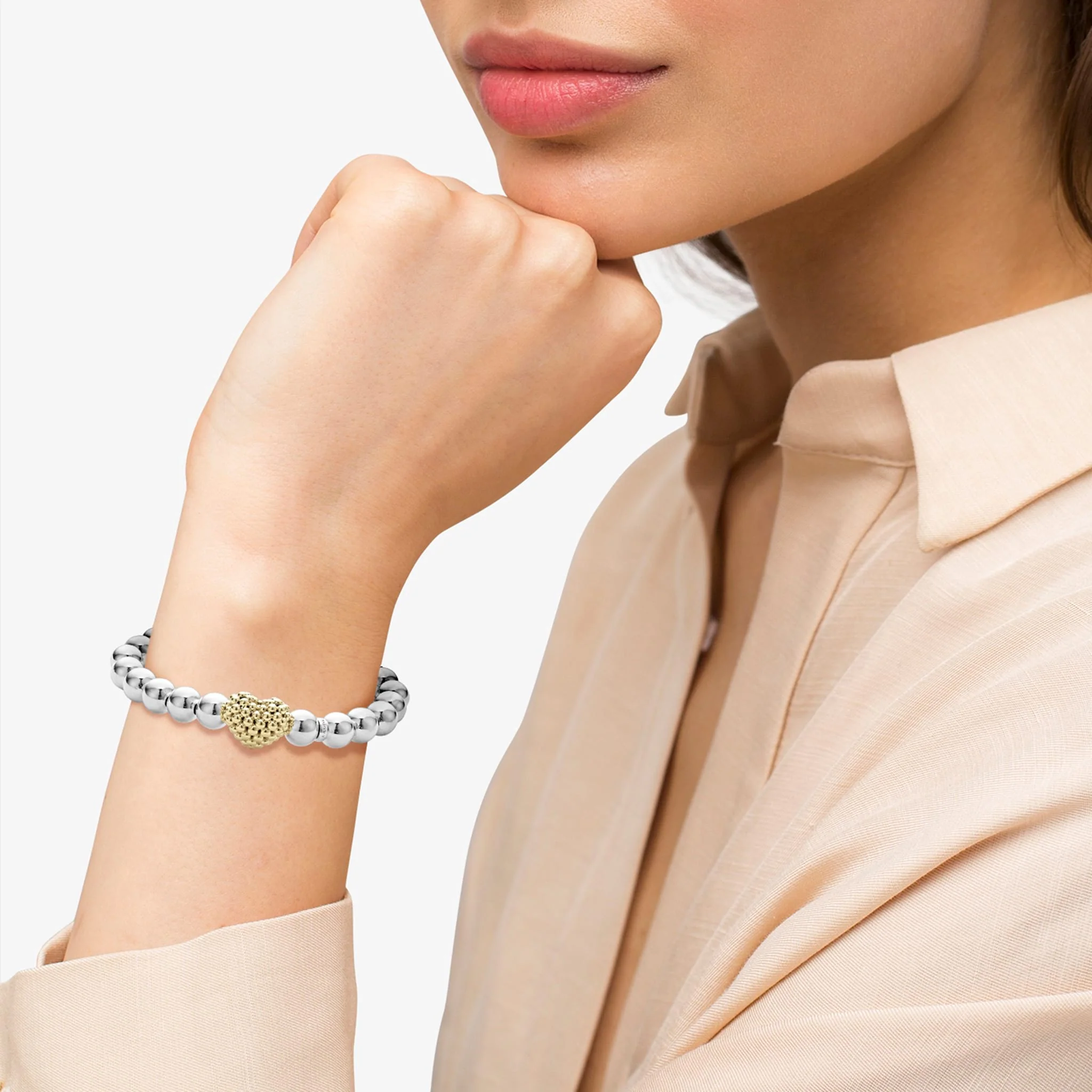 Signature Caviar Gold Heart Bead Stretch Bracelet - Image 2