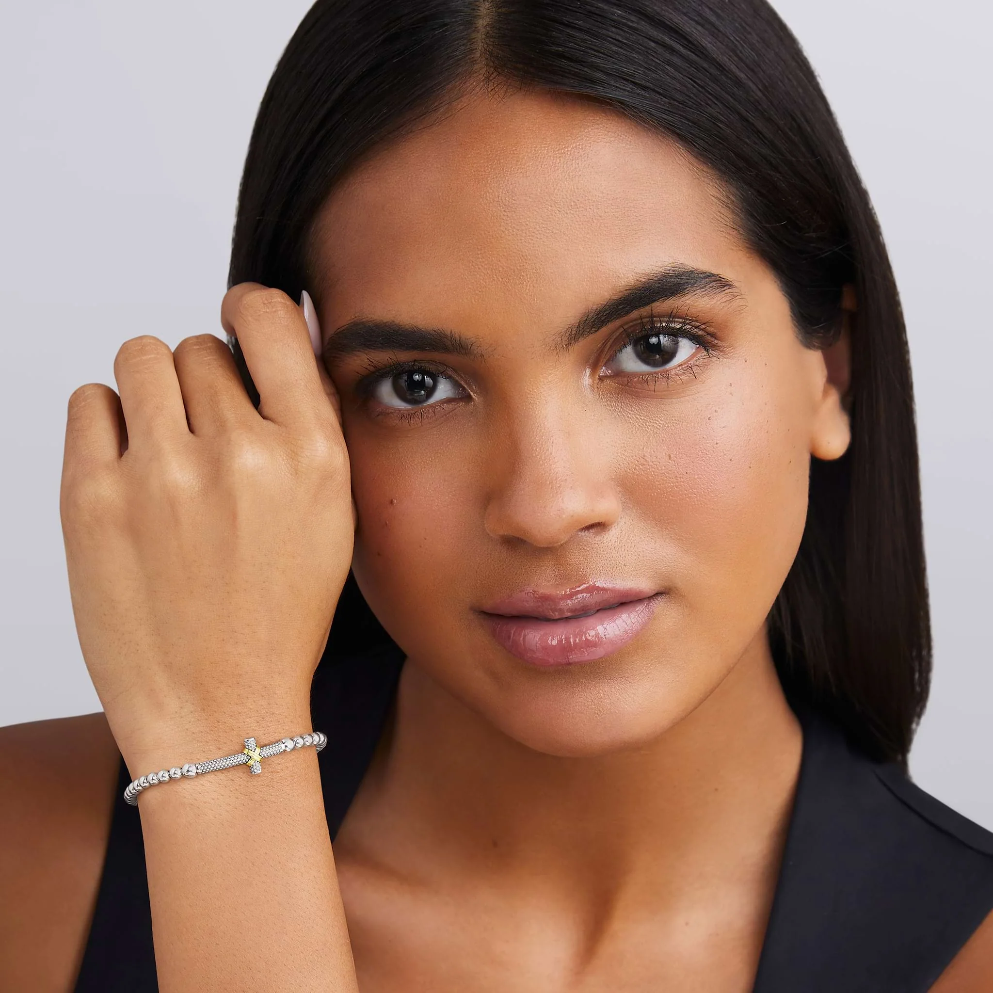 Signature Caviar Two-Tone Caviar Cross Stretch Bracelet - Image 2