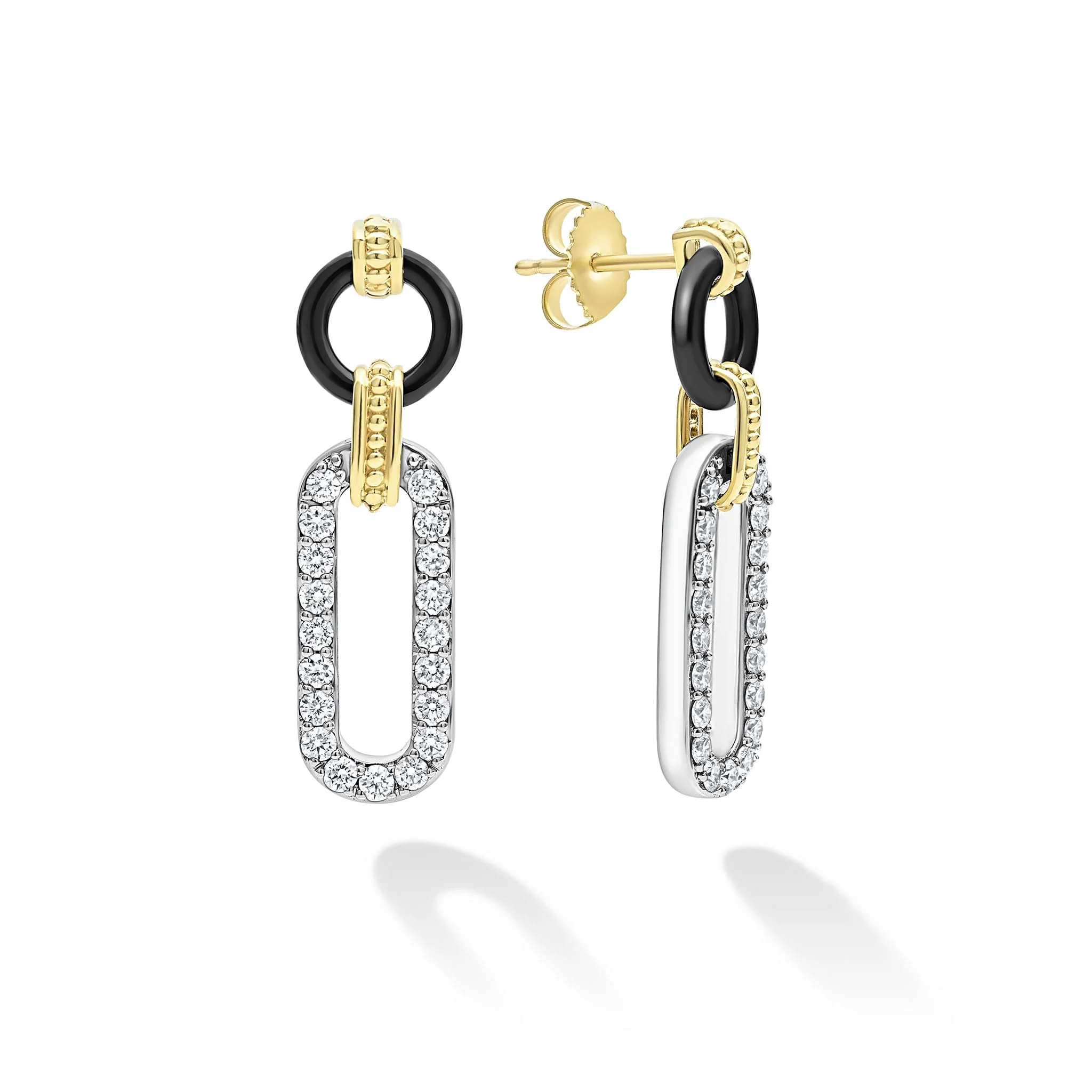 Signature Caviar Medium 18K Gold and Black Ceramic Diamond Link Drop Earrings