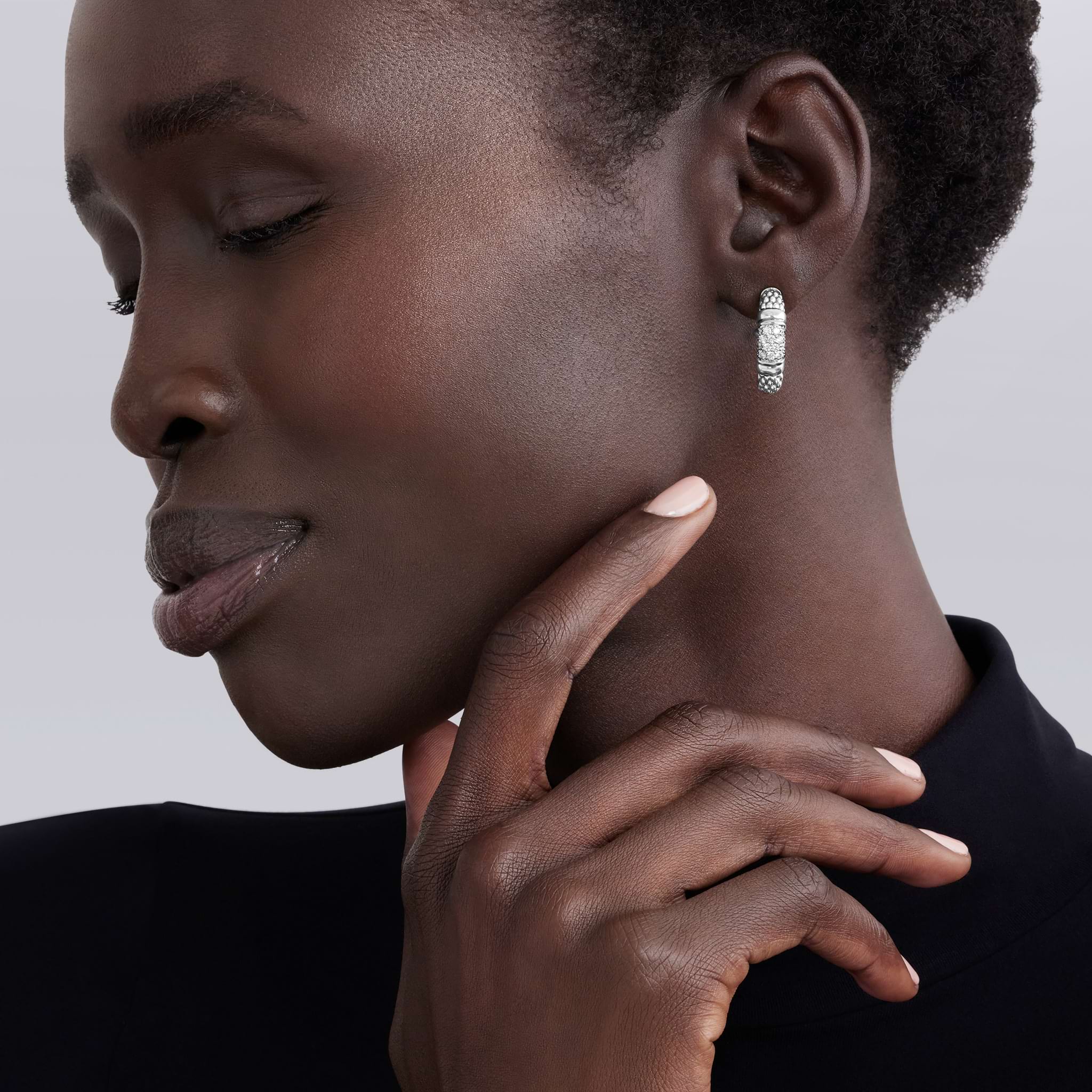 Signature Caviar Silver Caviar Diamond Hoop Earrings - Image 2