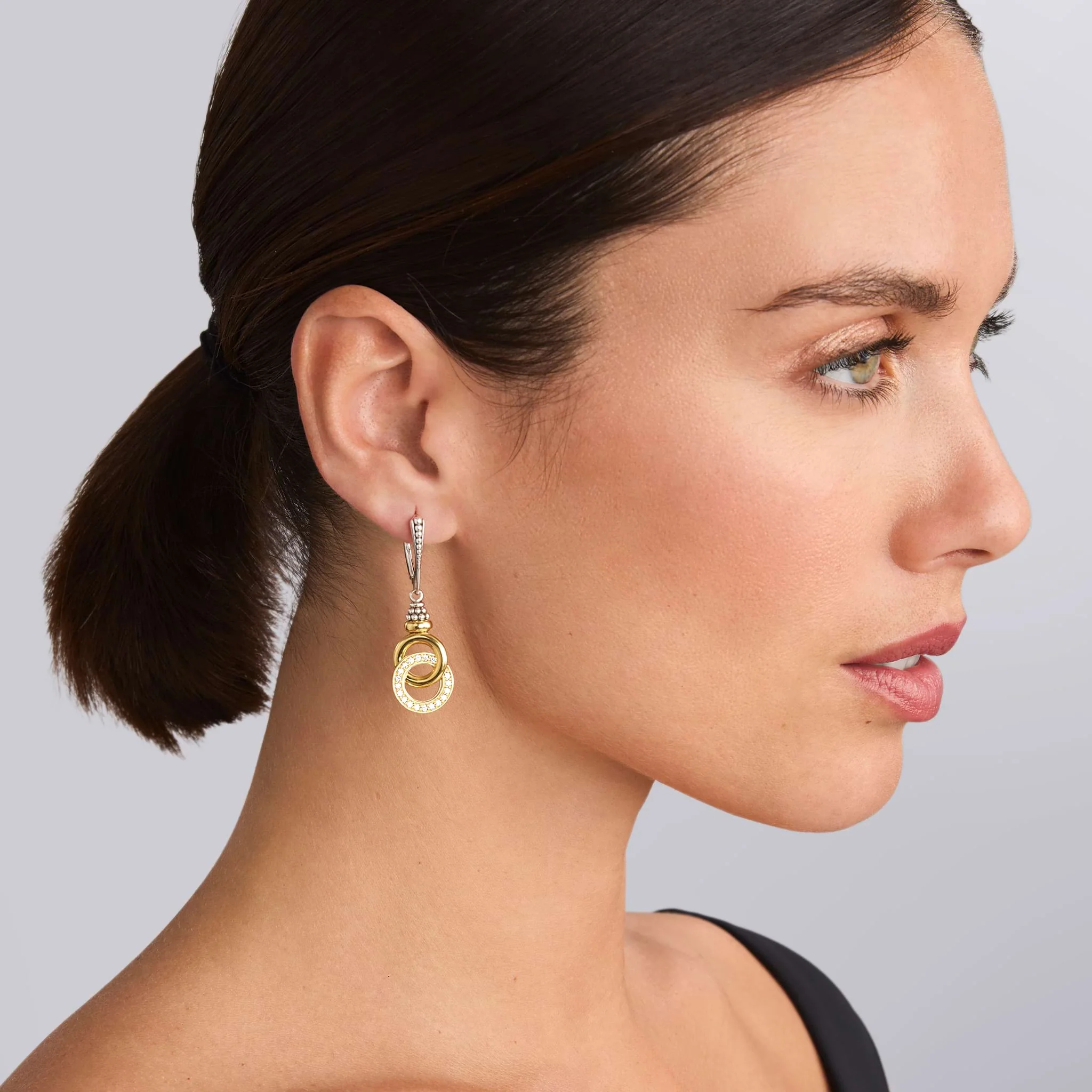 Signature Caviar Two-Tone Interlocking Diamond Drop Earrings - Image 2