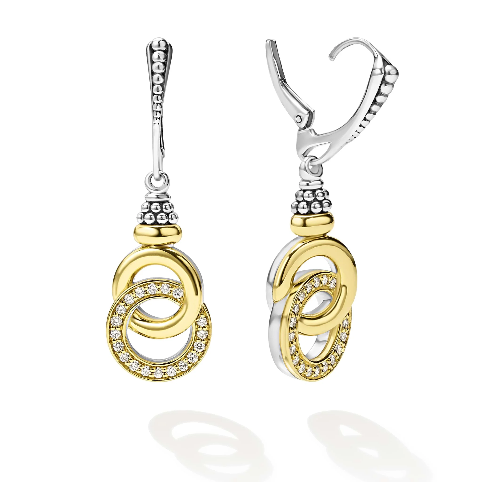 Signature Caviar Two-Tone Interlocking Diamond Drop Earrings - Image 3