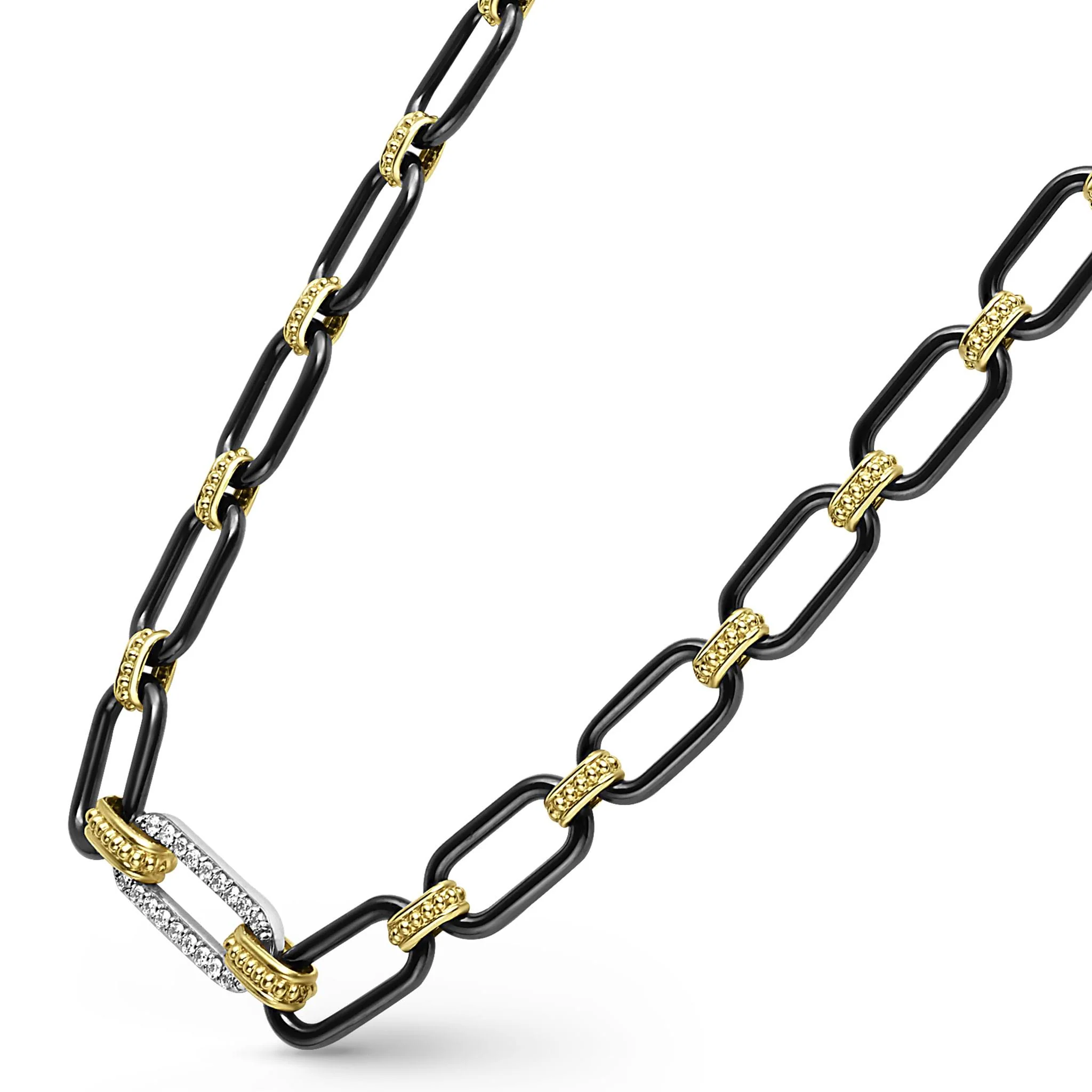 Signature Caviar 18K Gold and Black Ceramic Diamond Station Link Necklace | 6mm - Image 4