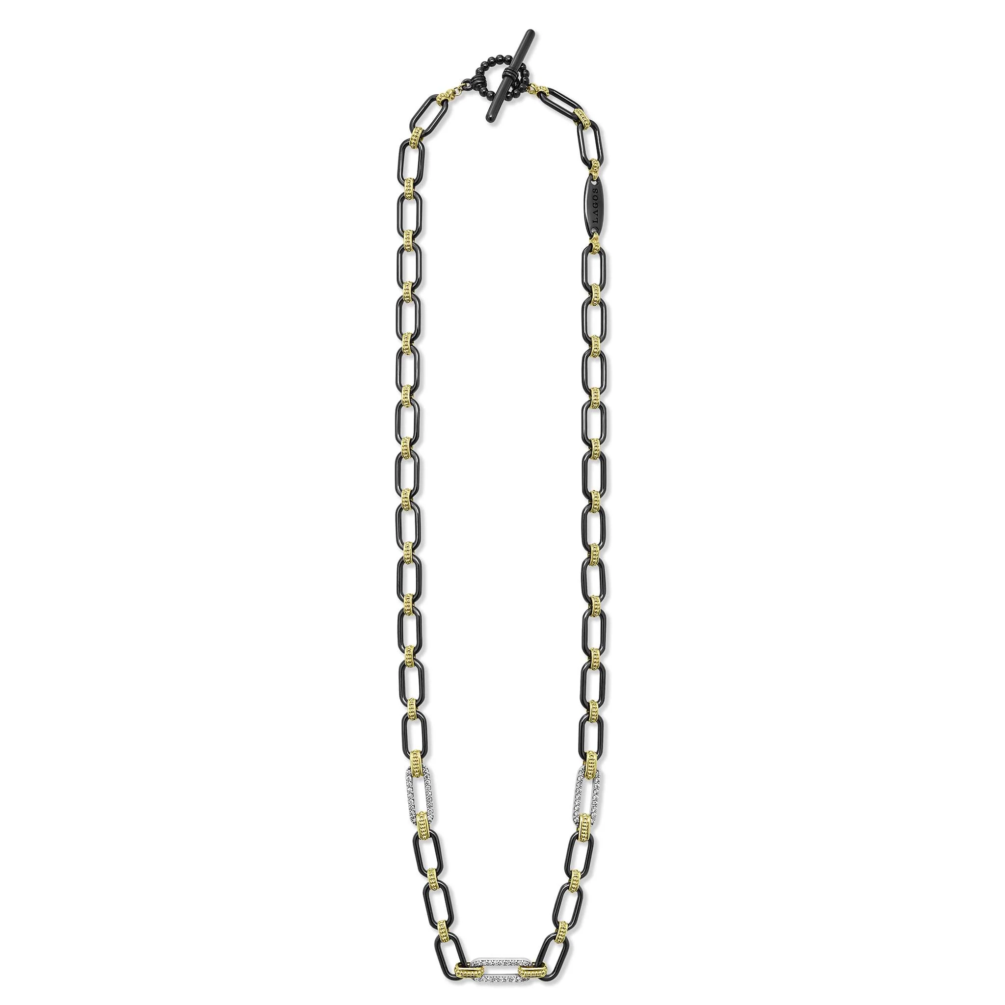 Signature Caviar 18K Gold and Black Ceramic Three Diamond Station Link Necklace | 6mm - Image 3